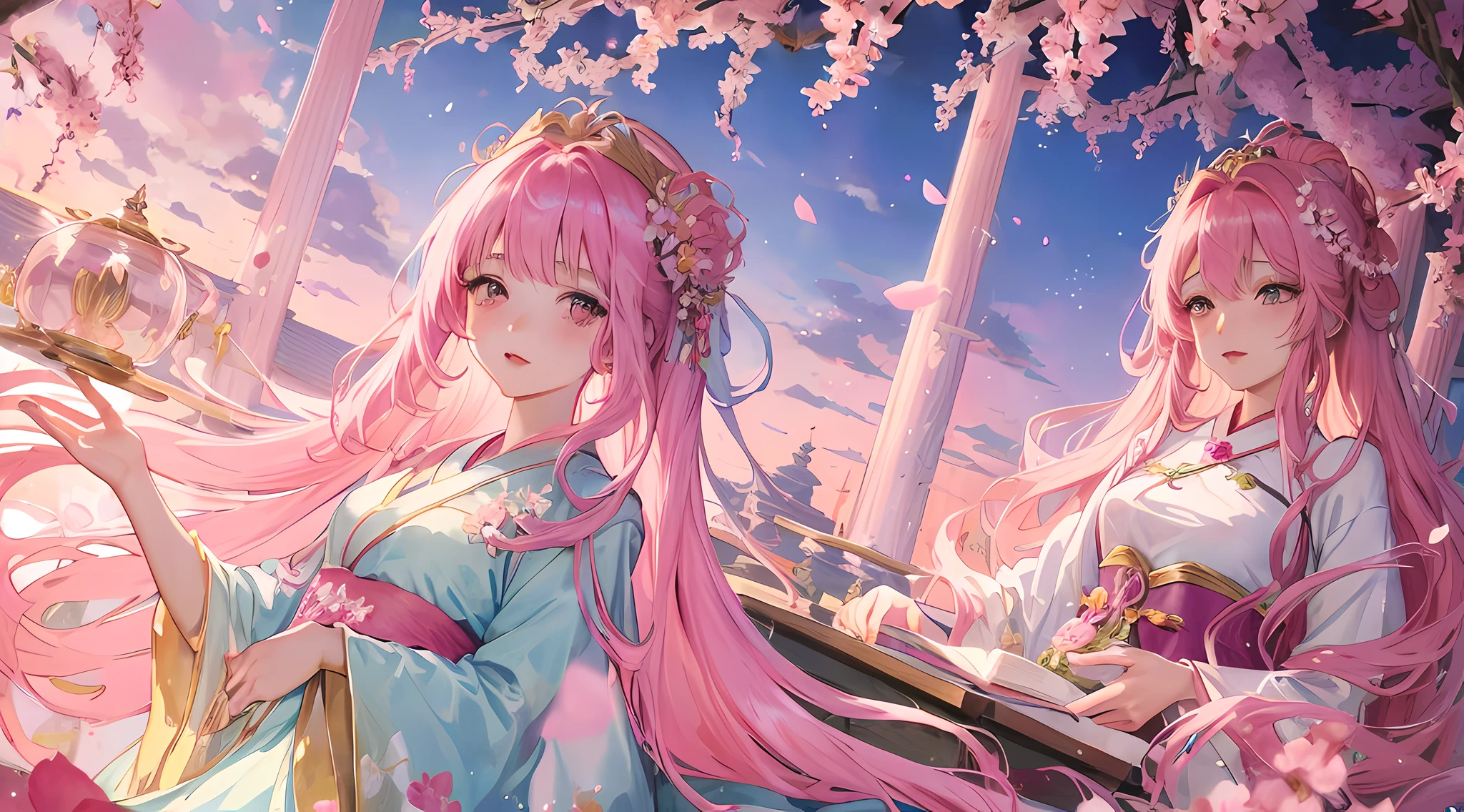 anime girl in a pink dress sitting in a field of flowers, ethereal anime, beautiful fantasy anime, flowing magical robe, flowing sakura-colored silk, ((a beautiful fantasy empress)), palace , a girl in hanfu, anime fantasy illustration, beautiful anime, flowing sakura silk, beautiful anime style, cute anime waifu in a nice dress, beautiful anime portrait, anime goddess