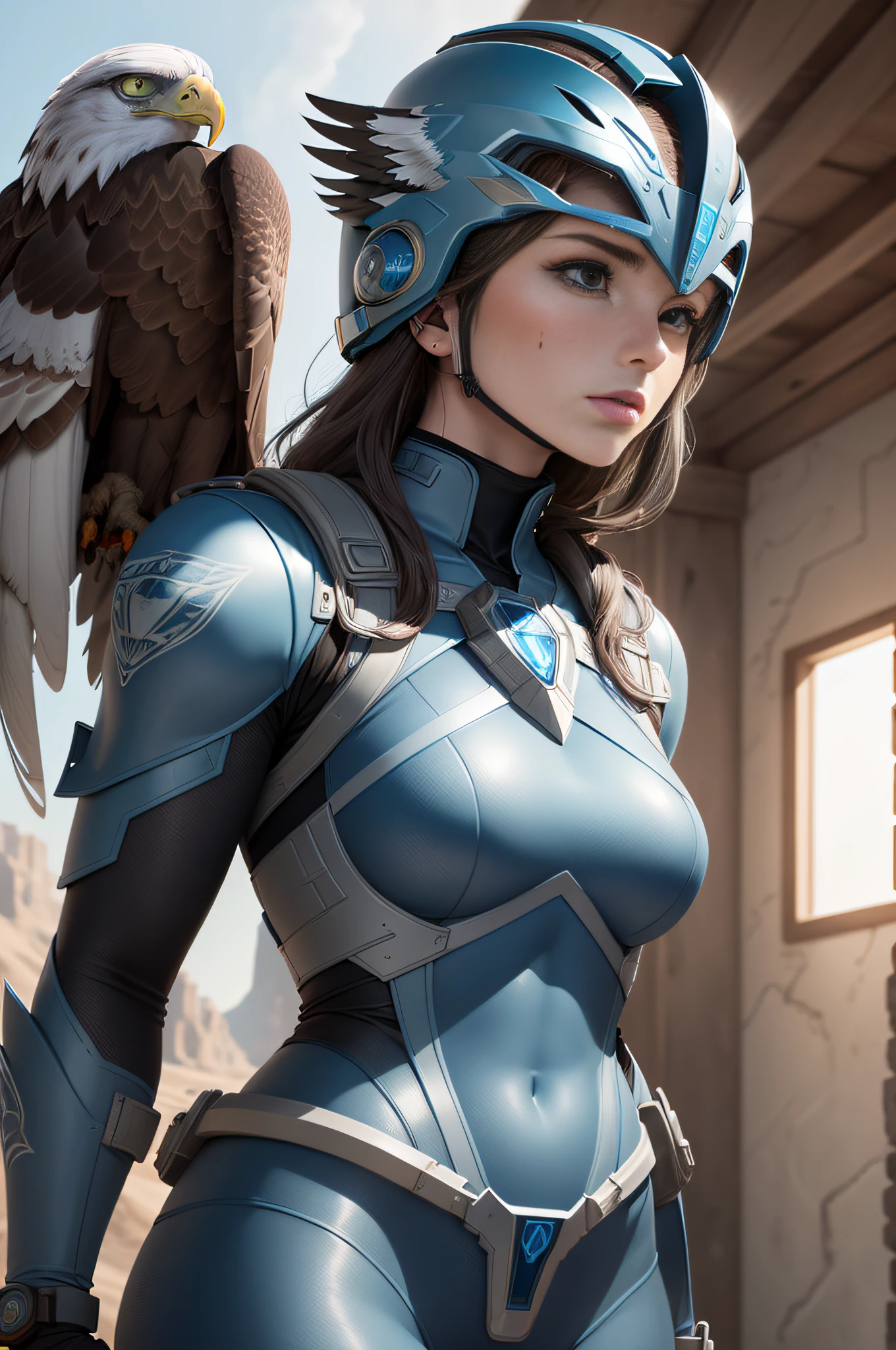 [Detailed illustrations, very detailed and detailed drawings, delicate lines with slow and urgent, realistic texture expression],(Artwork with outstanding craftsmanship),(Background of a plateau with a view of the sky),17-year-old female blue Power Ranger,(Eagle: 0.5) (Helmet mask) Sky blue rubber suit (eagle emblem on chest and forehead),(called Blue Eagle Ranger),(( Perfectly proportioned and proportioned)),Watercolor,(Art based on ideal anatomy,Design built to a high level,Ideal color coordination),((Ultra-dense detail)),(Detail,High definition),((Accurate simulation of light-material interaction)),[Ultra-precision detail,HighQuality].