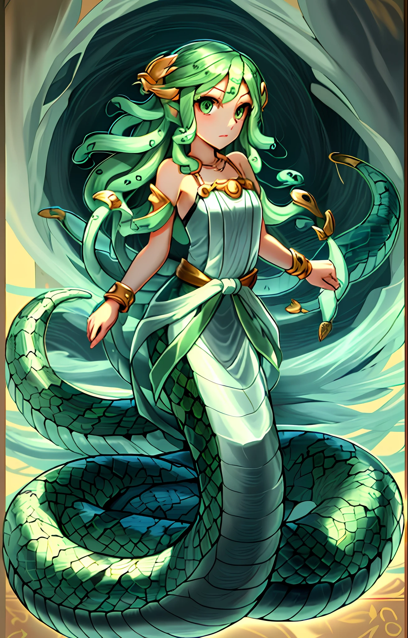 A cartoon image of a woman with a snake around her neck, Lamia, her many snakes like hair, beautiful female gorgon, queen of snakes, female jellyfish long hair, palutena, lady palutena, fierce jellyfish, snake woman, hybrid snake woman, gorgon, jellyfish, male jellyfish, zodiac girl knights, very sad jellyfish, chibi drawing style,  kawaii
