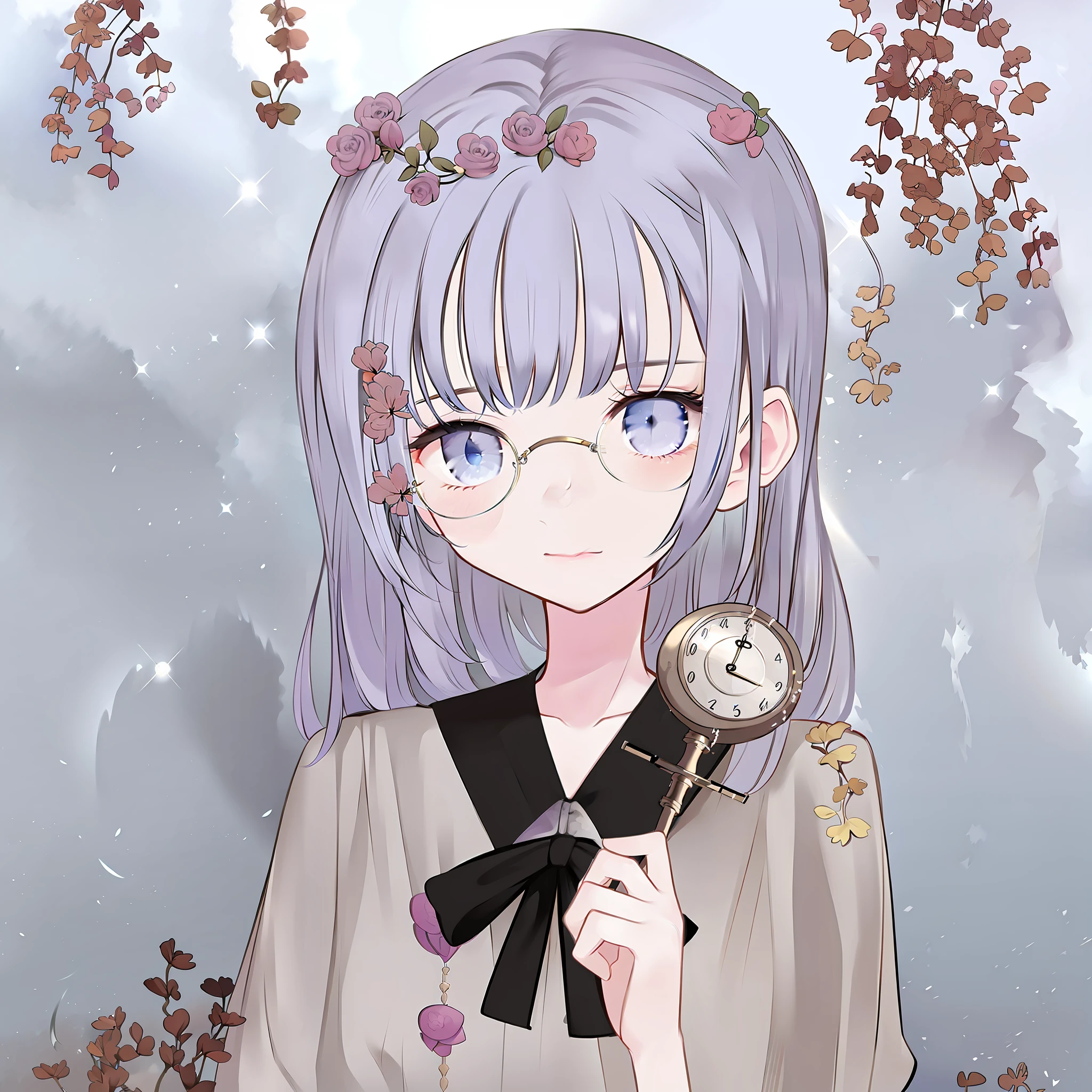 High resolution, highest quality, illustration, super detailed, (detailed face), (detailed eyes), best quality, super detailed, masterpiece, 1 girl, silver hair, thin frame silver glasses, gray eyes, hand holding clock