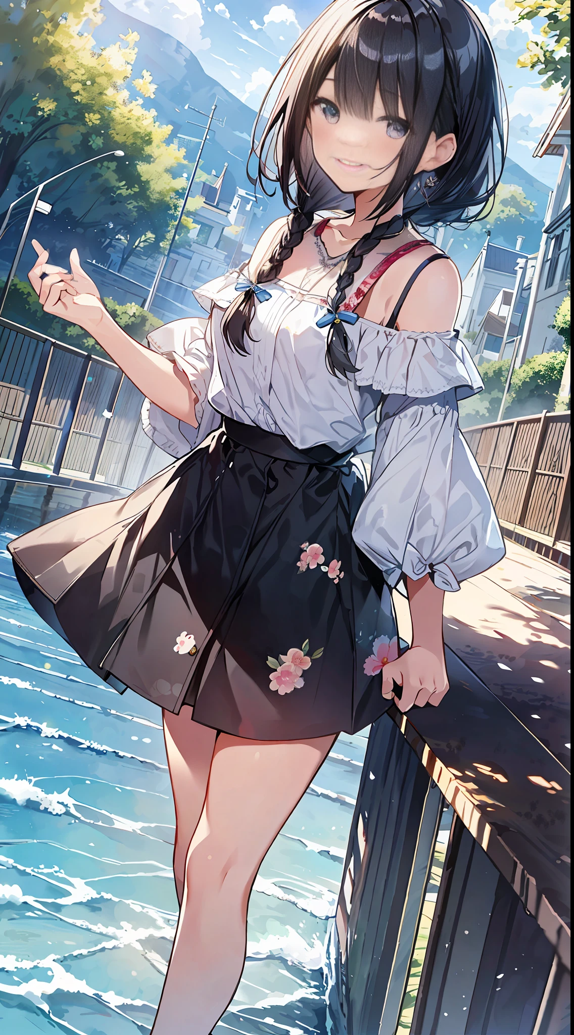 Top quality, masterpiece, ultra high resolution, 8k, summer sky, early summer, ( oversized cut and sewn, denim skirt, loafers)), shoujo manga style , one, soft line drawing, digital enhancement, shojo manga touch, shojo manga core, flowing fabric, close-up, (shoulder-length hair length and short braid)), wet hair, staring at us from the front, soft drawing, Beautiful black hair, clear eyes, ((teasing smile)), ultra-detailed digital anime art, clear face depiction, ultra-detailed shojo manga character art, ultra-detailed manga style, top quality colors, hand gestures, landscape with nature, looking up at the sky, angle that can see up to your feet