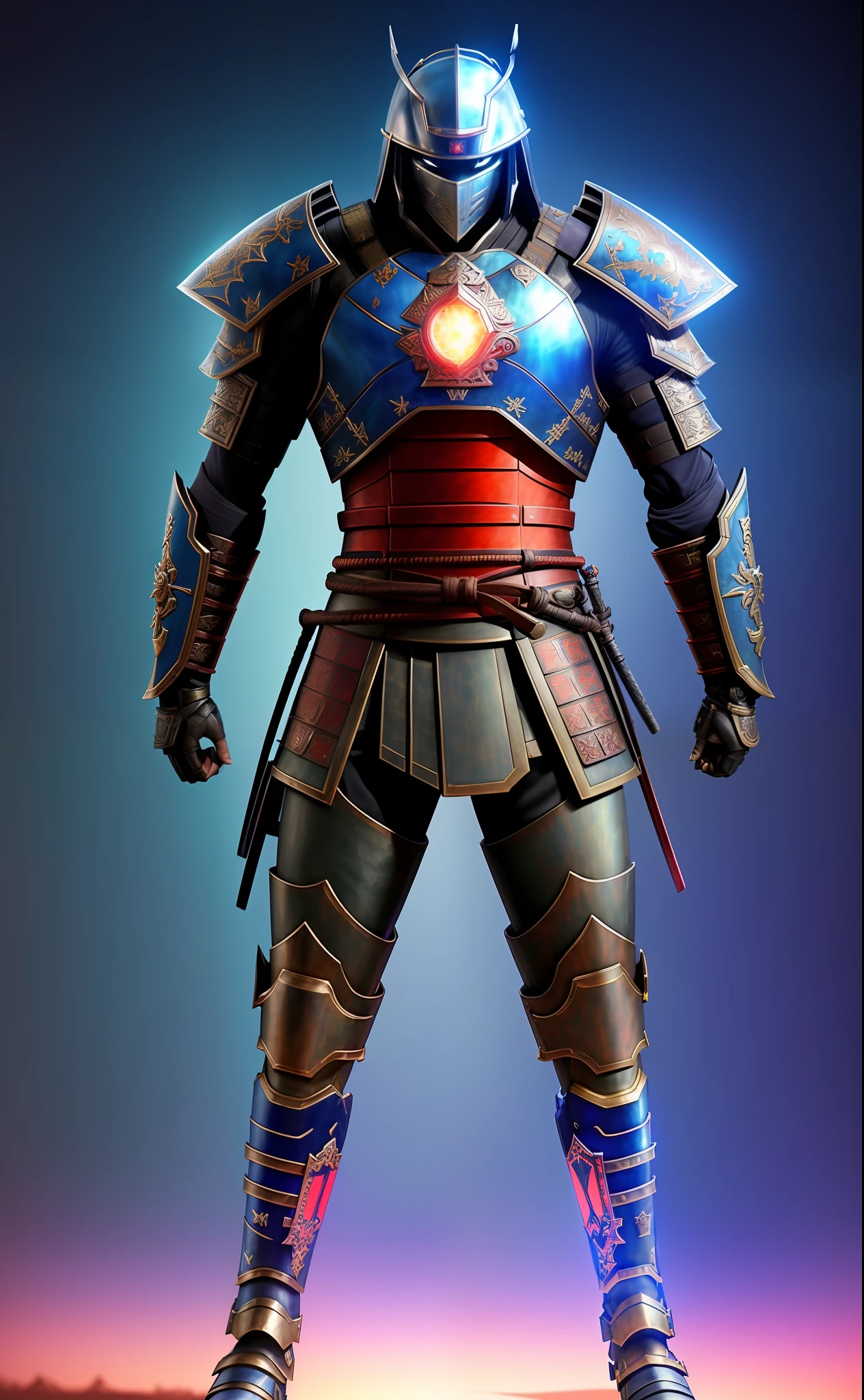 samurai in armor, (dark shot:1.17), realistic epic, faded, ((neutral colors)), art, (hdr:1.5), (muted colors:1.2), hyperdetailed, (artstation:1.5), cinematic, warm neon blue lights, dramatic light, (intricate details:1.1), complex background, (rutkowski:0.8), (teal and orange:0.4),((full body:1.9)), for Blizzard entertainment, (massive armor), large armor, large samurai armor:1.9, wearing samurai helmet, high light neon, samurai sword in hand,front camera, big muscles, muscular body, badass, badass style, steam punk, many details, detailed armor, big shoulders, big arms, big, limbs, half side portrait, darck background, night, samurai sword in hand,