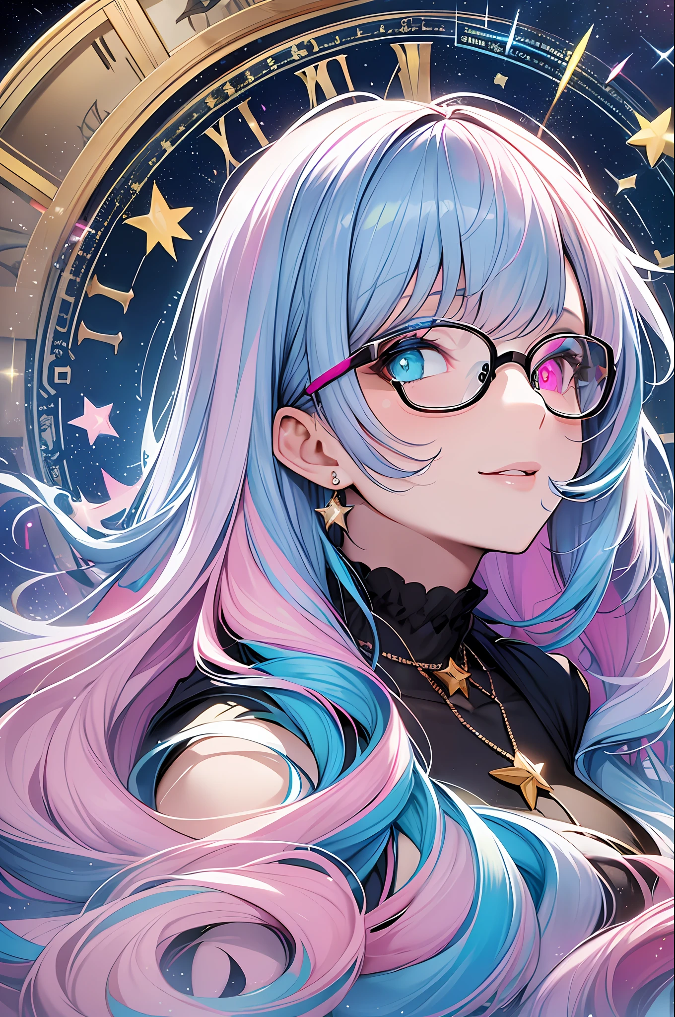(Masterpiece, Highest Quality, Best Quality, Watercolor Art (Pendant), Official Art, Beautiful and Aesthetic, (1.3), (1 Girl: 1.3), (Fractal Art: 1.3), Full Body, Star-shaped Pupil, , Pattern, ((iridescent hair, colorful hair, half blue and half pink hair: 1.2)), Aqua, Liquid, Cloud, Colorful, Starry Night, Star, Smile, Glasses, Writing, Heterochromia, (Colorful: 1.5), galaxy, looking up at the stars, clock, big clock