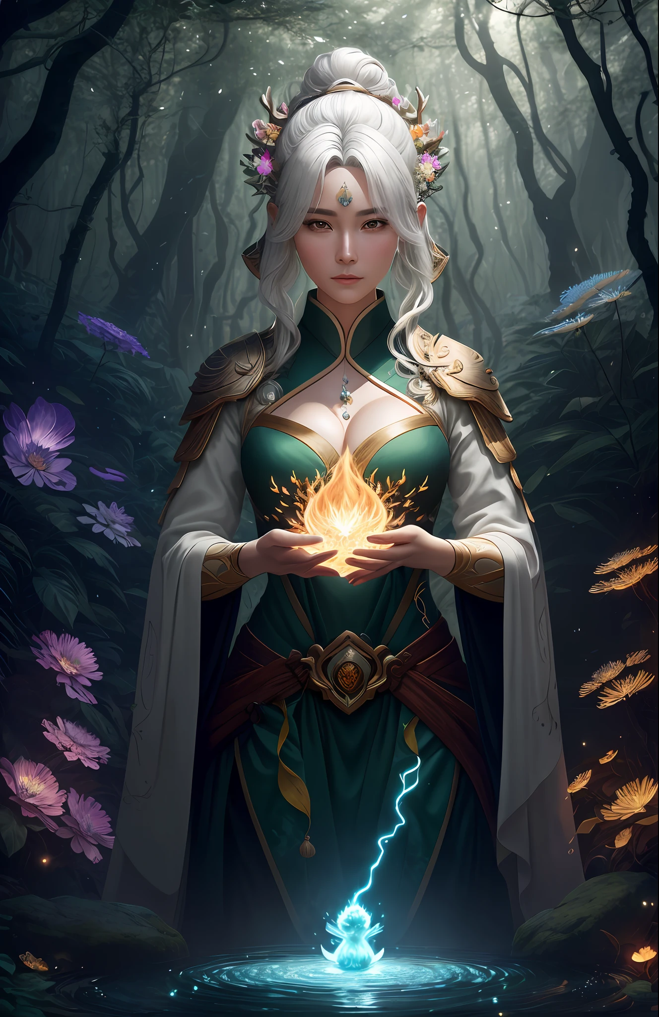 Masterpiece, best quality, (very detailed CG unified 8k wallpaper), (best quality), (best illustration), (best shadow), close-up of a woman with white hair and white mask, beautiful figure painting, Guvitz, Guvitz-style artwork, white-haired god, Yang J, epic exquisite character art, amazing character art, Fan Qi, Wu Jun Shifan, Guviz in pixiv art station, glowing elf, with a glowing deer, drinking water in the pool, Natural elements in forest theme. Mysterious forest, beautiful forest, nature, surrounded by flowers, delicate leaves and branches surrounded by fireflies (natural elements), (jungle theme), (leaves), (branches), (fireflies), (particle effects) and other 3D, Octane rendering, ray tracing, super detailed