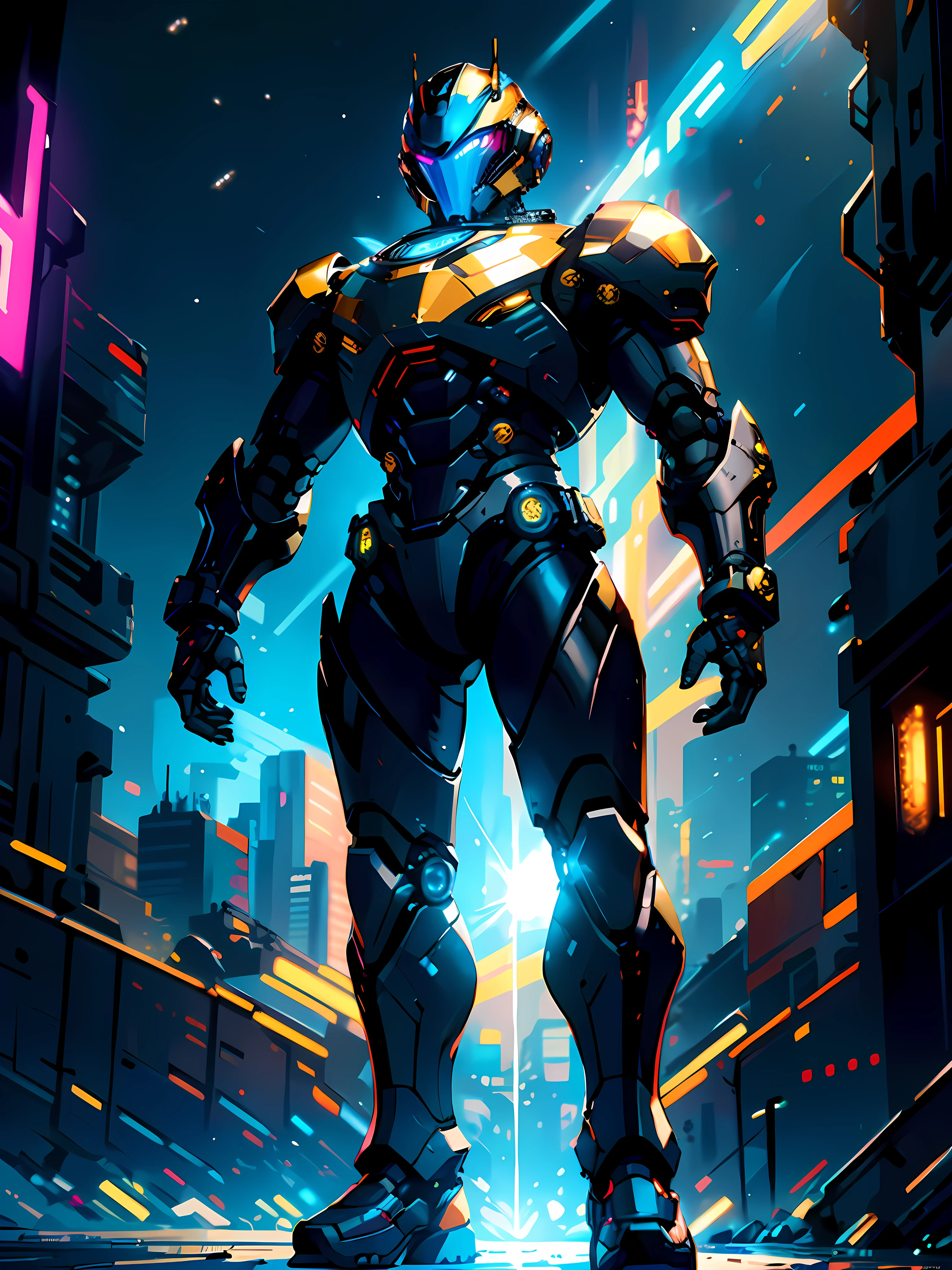 masterpiece, best quality, ultra detailed, colorful, lens flare, solo, robot, modular helmet, glowing eyes, robot joints, jewelry ornament, black armor, shining parts, full body, muscular, dynamic pose, sparkling, starry sky, cyberpunk,