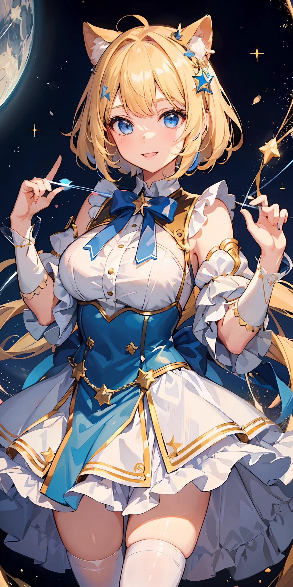 1girl, bright, blonde, light blue eyes, heart motif, star, moon, short hair, uniform bangs, multicolored hair, princess, saleme, side lights, light particles, wallpaper, big, plump, idol, idol costume, cute costume, amazing outfit, dress, loose, fluffy, smile, gentle, clear, , sexy
