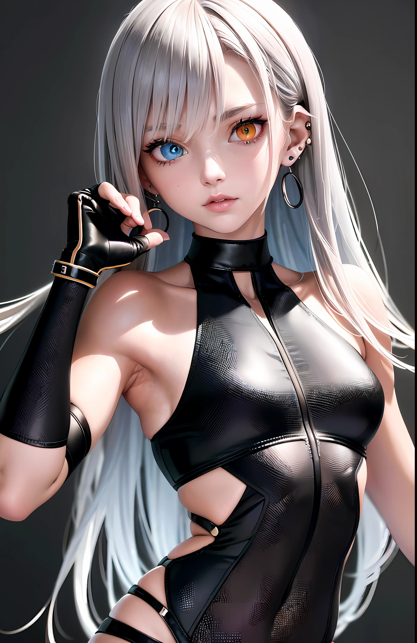 Best, Masterpiece, High Resolution, Best Quality, Ultra HD, Super Detail, Award-Limited, 16k, (Upper Body), Anatomically Correct, Beautiful, Trap, Gray Hair, Hair, ((Heterochromia)), Hanging Eye Corners, Fair Skin, (Trap), (Slim Body), ((Sportswear)), Stud Earrings, (Neck Ring), (Very, Very Short Short Glove)