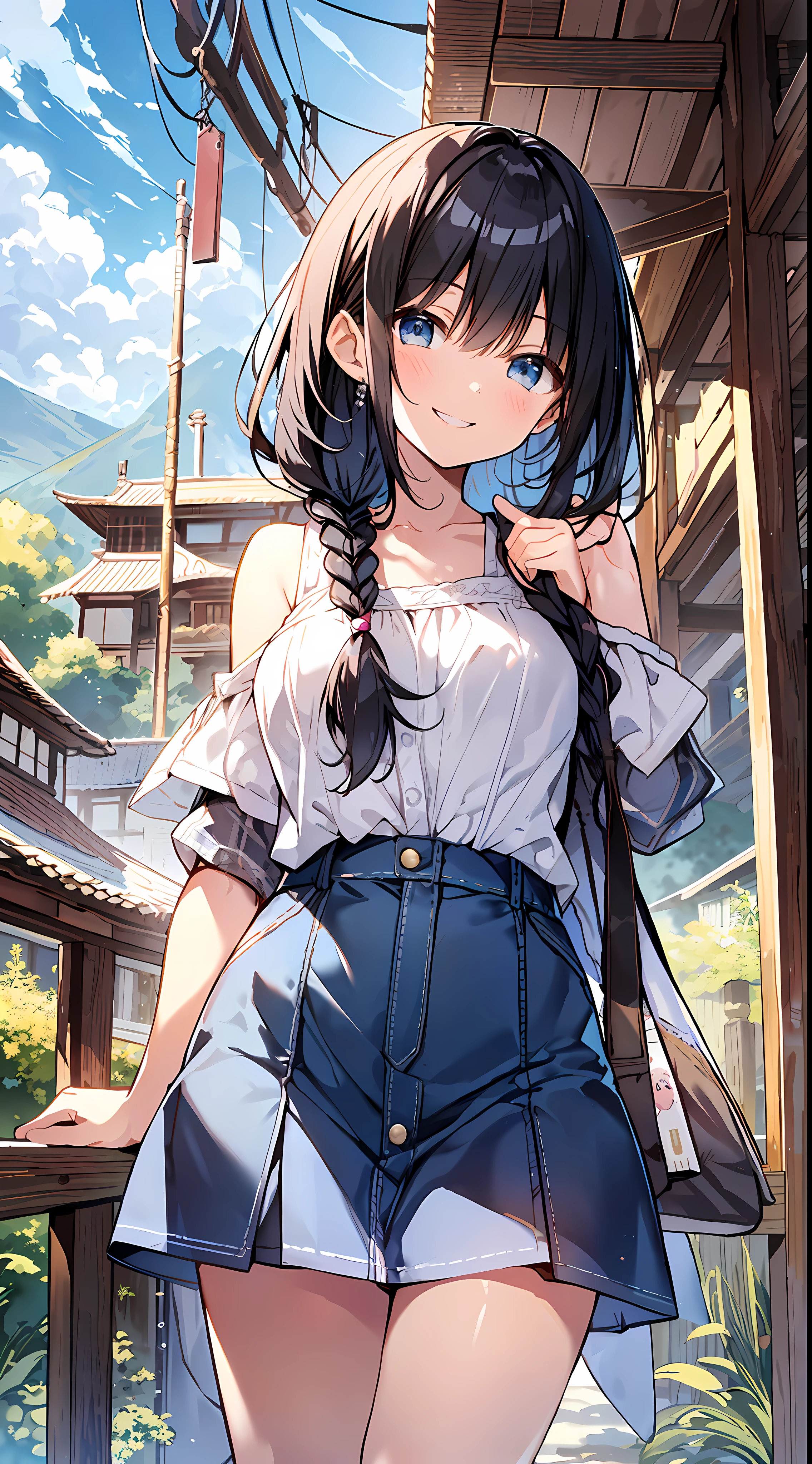 Top quality, masterpiece, ultra high resolution, 8k, summer sky, early summer, ( oversized cut and sewn, denim skirt, loafers)), shoujo manga style loli, one, soft line drawing, digital enhancement, shojo manga touch, shojo manga core, flowing fabric, close-up, (shoulder-length hair length and short braid)), wet hair, staring at us from the front, soft drawing, Beautiful black hair, clear eyes, ((teasing smile)), ultra-detailed digital anime art, clear face depiction, ultra-detailed shojo manga character art, ultra-detailed manga style, top quality colors, hand gestures, landscape with nature, looking up at the sky, angle that can see up to your feet