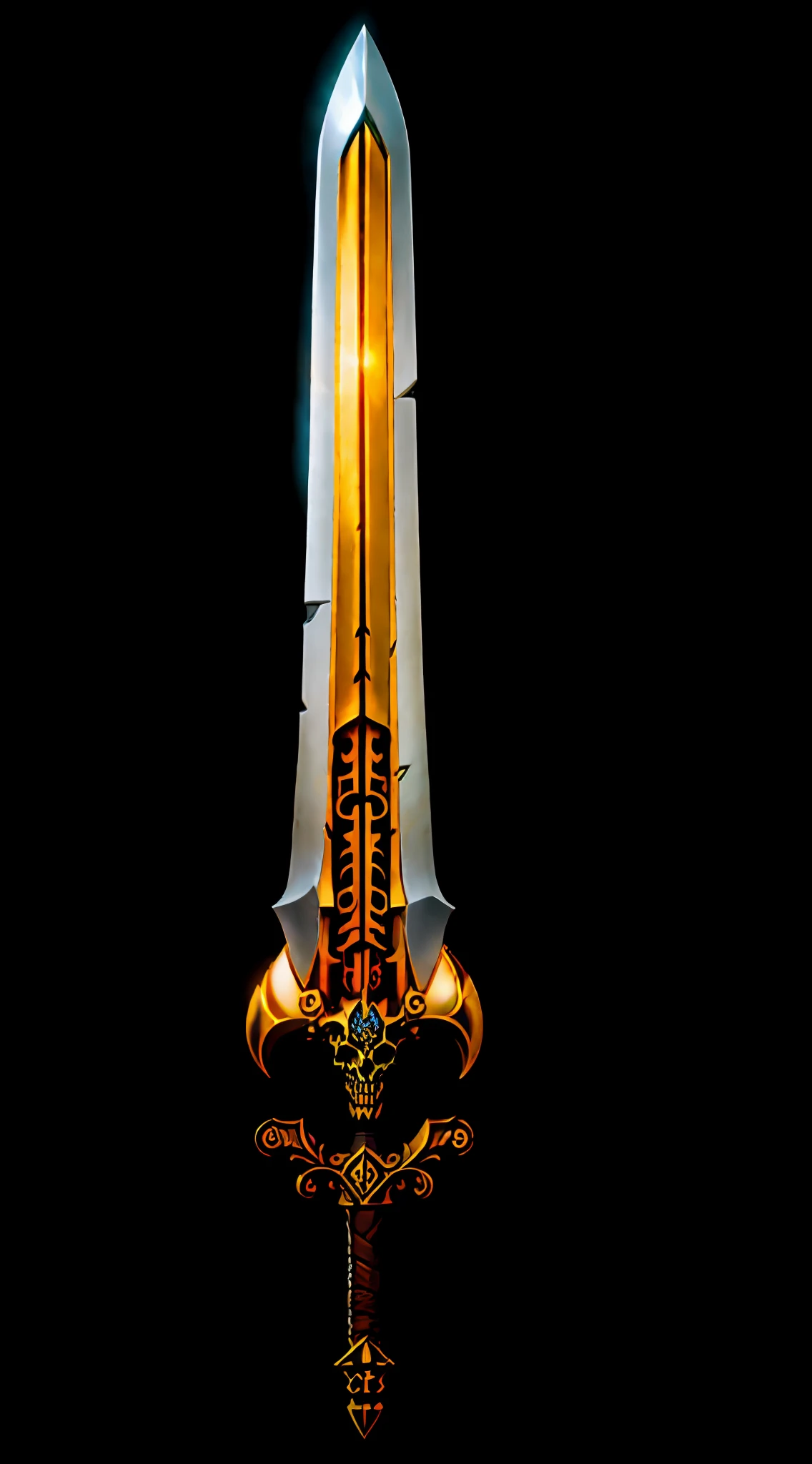 figma, masterpiece, award winning, caustics, sword, golden blade, skulls on blade, pearls embedded into blade