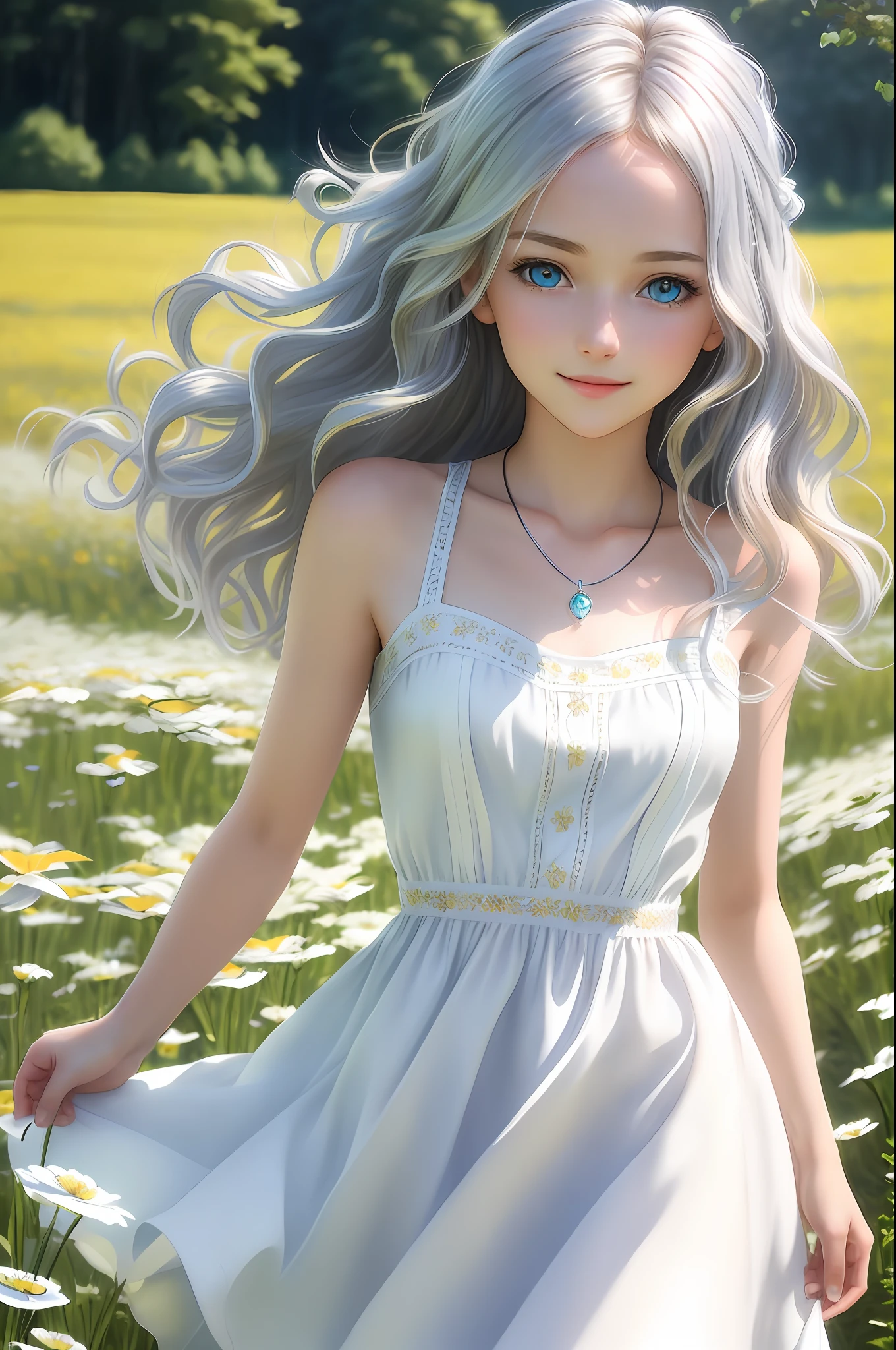 masterpiece, best quality, realistic, real, temptation light smile,best quality, beautiful european (young 1girl), (detailed cute face+eyes), aqua iris, detailed wavy blonde medium hair, real hair movement, simple pure white dress, simple silver necklace, walking on blooming meadow, sunny day, cinematic lighting, photorealistic, sharp focus, wide angle, pov face