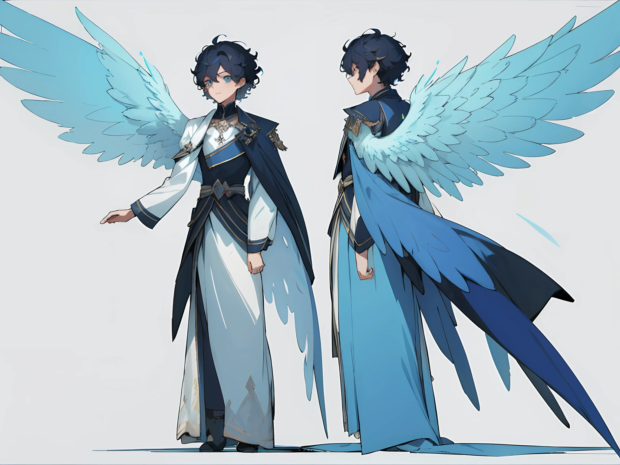 ((masterpiece)),(((best quality))),((character design sheet,same character,front,side,back)),illustration,1 boy, curly short hair,hair on eyes, colorfull hair,beautiful eyes,environment Scene change, pose too, blue color palette, neon colors, male angel, angel feathers, magician, charturnbetalora, 8k,16k, (simple background, white background: 1.3)