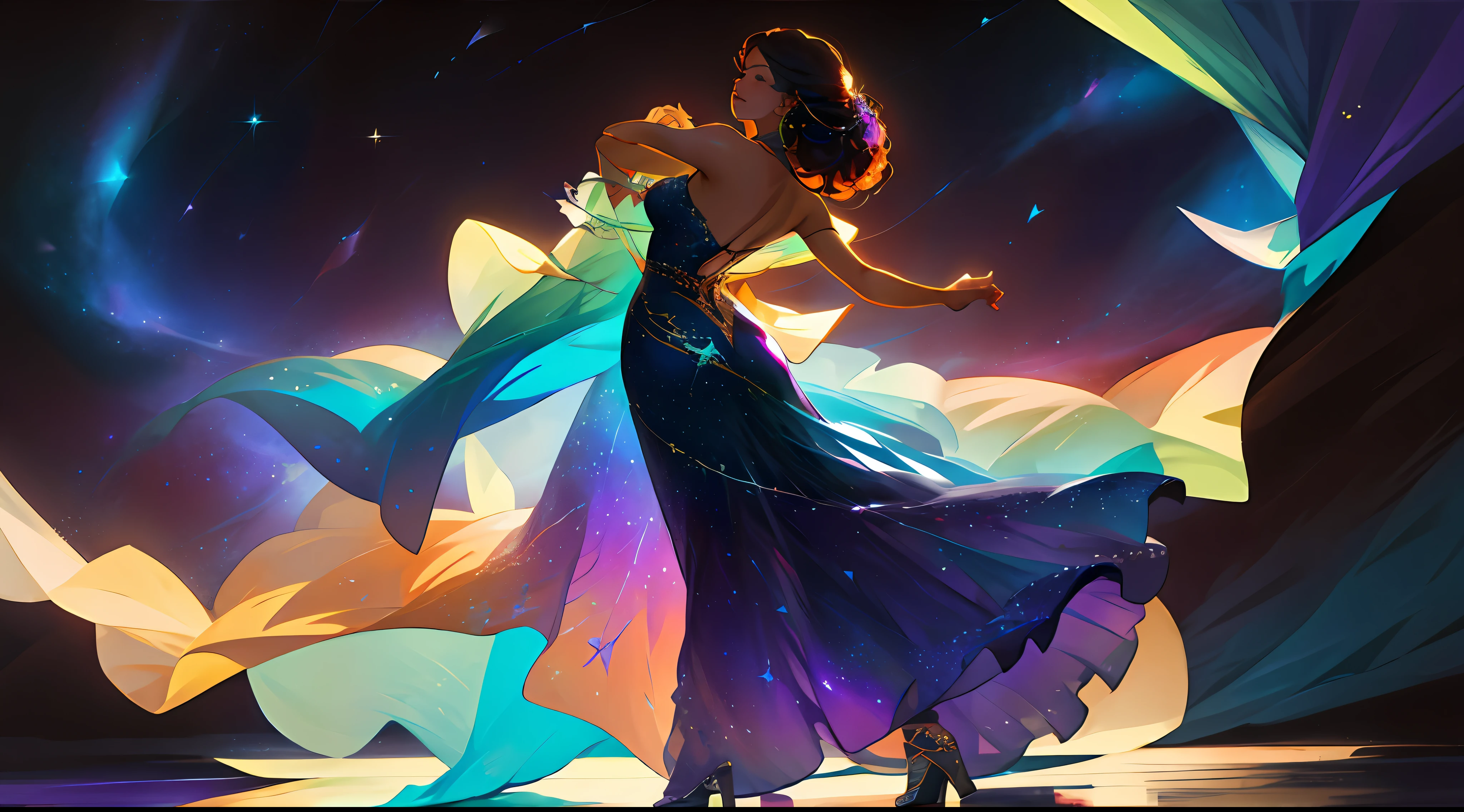 a sensual beautiful woman, wildly fluttering long hair, colored sensual short dress, dancing in the stars, cosmic nebulas and stars background, perfect hands