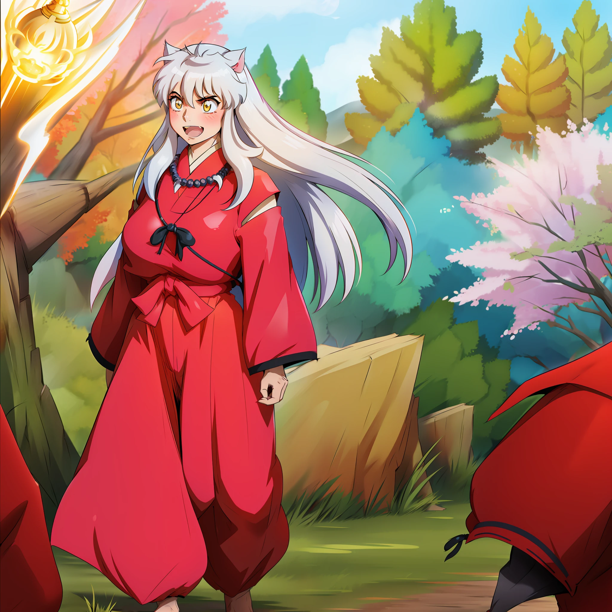 a woman), inuyasha, ((upper body, head turned to the side)), japanese forest with a shrine in the background,daytime, standing,huge breast, curvy, female,fantasyhere is a cartoon picture of a woman with a very large breast, , vest, pants, black hair , holy aura, inspired by Luma Rouge, the non-binary deity of spring, ethereal rainbow nimbus, dog goddess of fire, inspired by Marie Angel, glowing aura around her, as the goddess of the sun, “uwu the prismatic person, big breast, happy, beautiful eyes, , full body, walking, long robe, long dre, nun, priestess ,holy, venus body, curvy, huge breast, forest,walking,smile,sharpteeth, black cloaths,coat,1girl,long skirt, walking, smile, blush, happy, open mouth