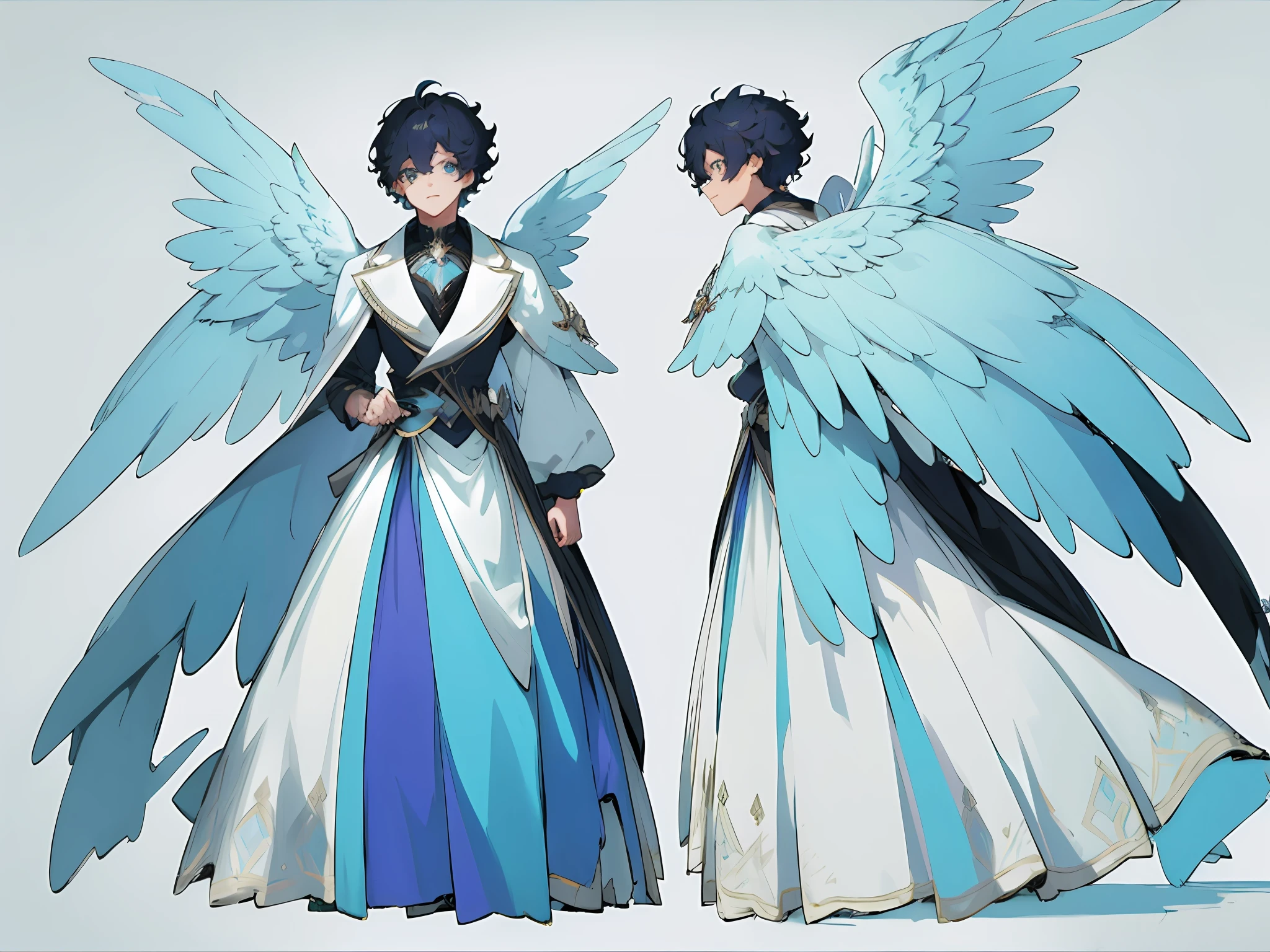 ((masterpiece)),(((best quality))),((character design sheet,same character,front,side,back)),illustration,1 boy, curly short hair,hair on eyes, colorfull hair,beautiful eyes,environment Scene change, pose too, blue color palette, neon colors, male angel, angel feathers, magician, charturnbetalora, 8k,16k, (simple background, white background: 1.3)