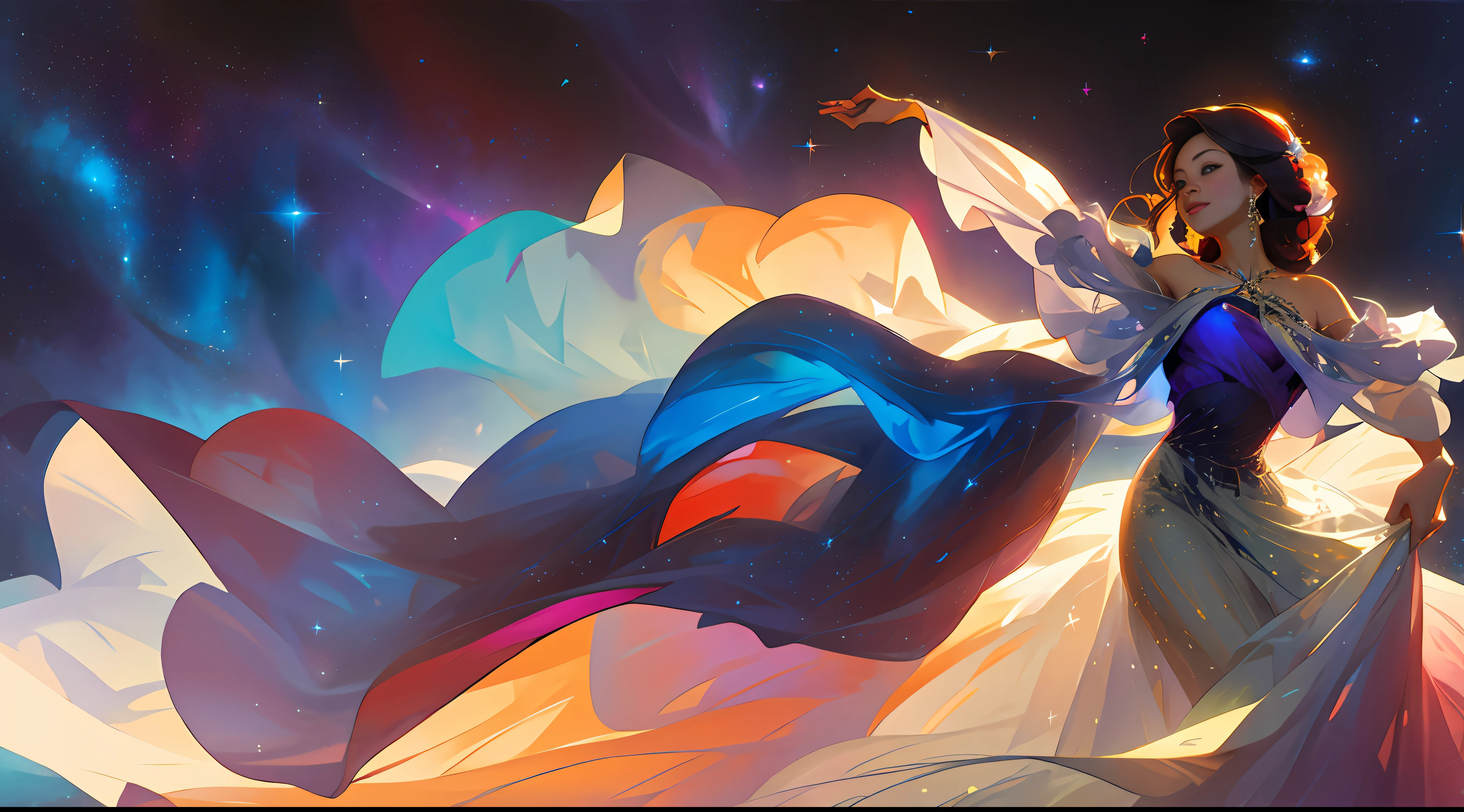 a sensual beautiful woman, wildly fluttering long hair, colored sensual short dress, dancing in the stars, cosmic nebulas and stars background, perfect hands