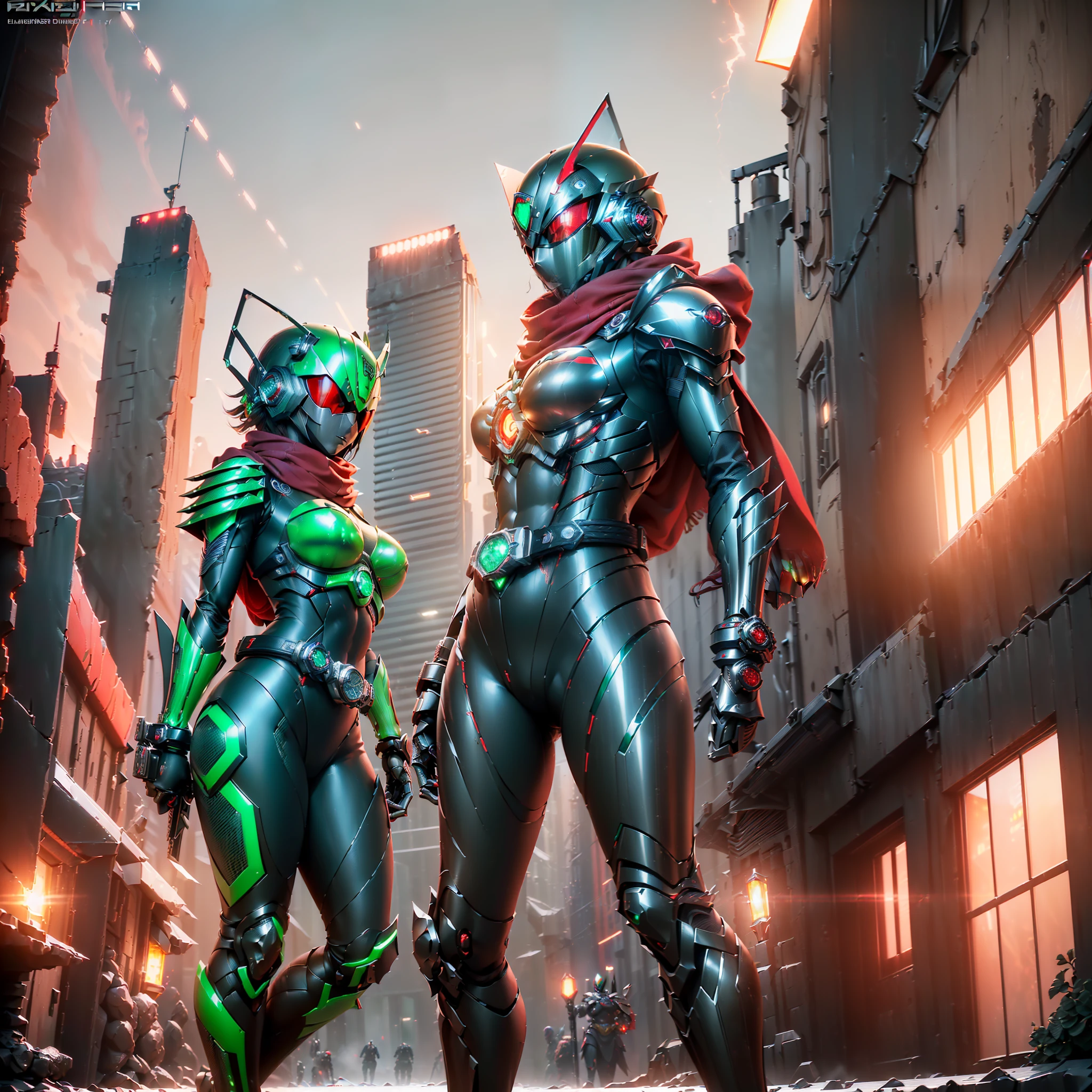 (highest quality)), (masterpiece)), (Details: 1.4), 3D, 1girl, Full body image, with five fingers, no weapon in hand, ((Female Kamen Rider image)), image of a woman in a black flying locust-style cyber battlesuit, (((Kamen Rider's stainless steel mechanical belt added to the waist)), ((decoration of two V-shaped tactile blade antennas on the forehead of the helmet)), (( Image of a female Kamen Rider)), (full-face helmet inspired by flying locusts covering the head),(( (long scarf in red color)), (black protective armor on the suit), black racing suit style, ((((Guard armor with mechanical details of stainless steel material)), ( Deep green sturdy mechanical bust armor),(red cyborg eyes lit red), HDR (High Dynamic Range), Ray tracing, NVIDIA RTX, Super Resolution, Unreal 5, Subsurface Scattering, PBR texturing, post-processing, anisotropic filtering, depth of field, maximum clarity and sharpness, multi-layered textures, Albedo and specular maps, surface shading, accurate simulation of light-material interactions, slender body, perfect proportions, sharp eyeliner, (full body)), sharp focus, two-tone lighting, wide aperture, low ISO, white balance, third rule, 8K RAW, circuit board AI, 4k, fog, night city background, ( (Don't carry weapons))