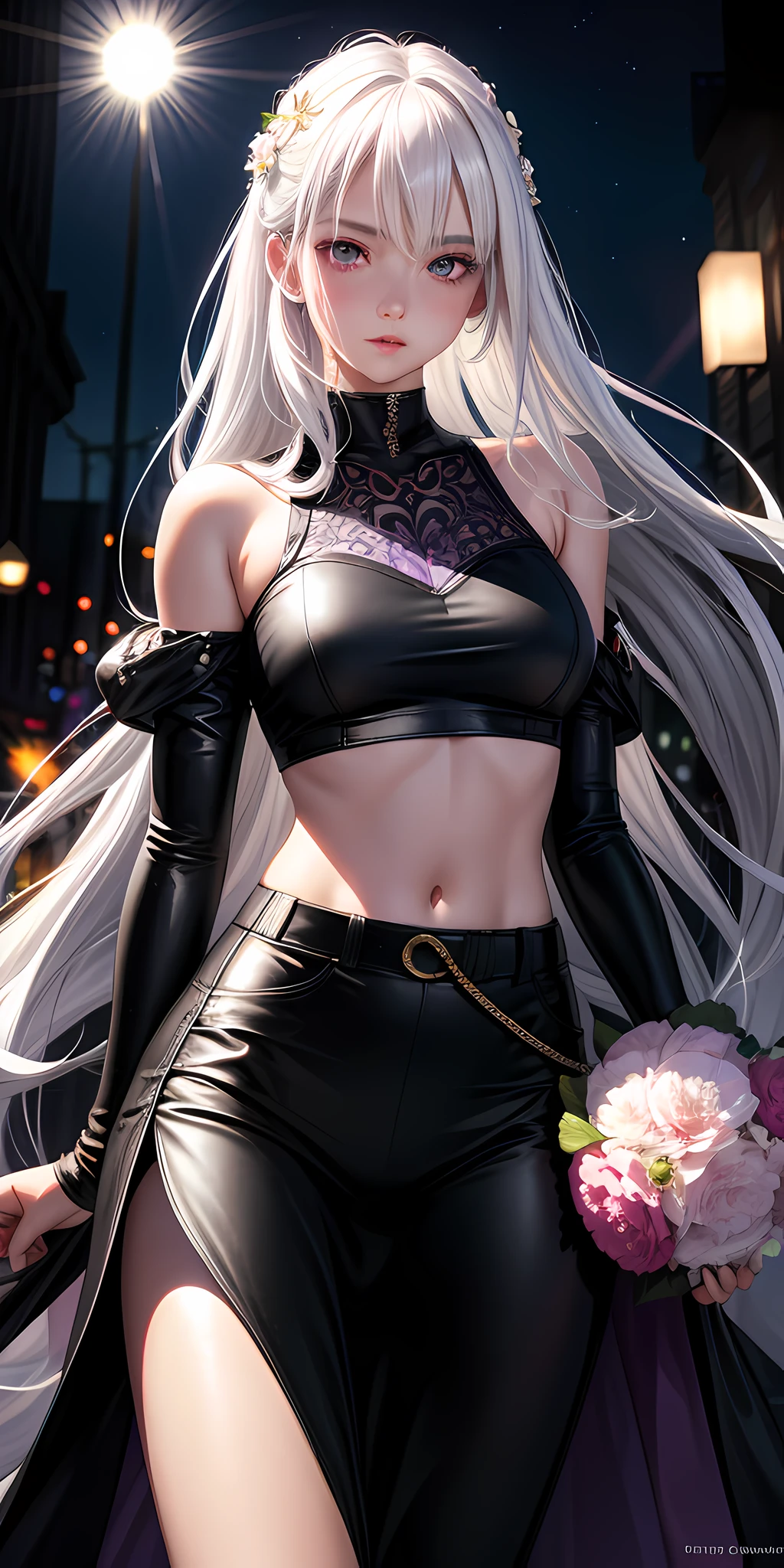 realistic, 1girl, white hair, purple eyes, glowing eyes, crop top, skirt, parted lips, blush, night, flowers, sun, sunlight,