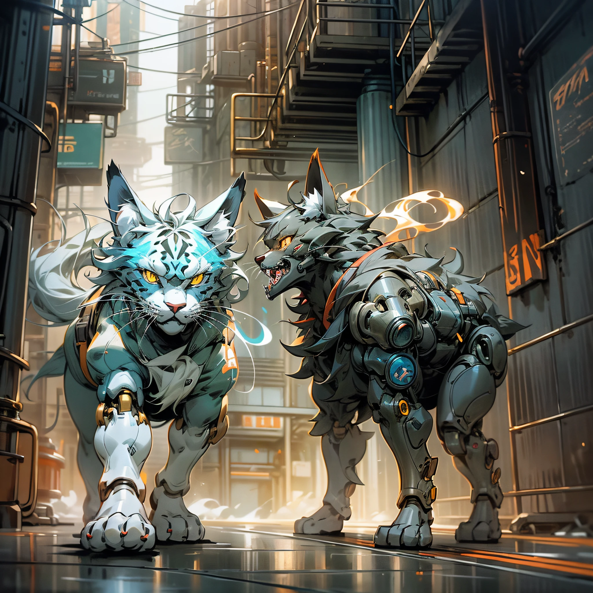 Mechanical Cat, Cyborg Dog, Two Side by Side, Masterpiece, Flat Color, Back Alley, (CG:1.5), Glowing Effects, Rolling Smoke --auto --s2