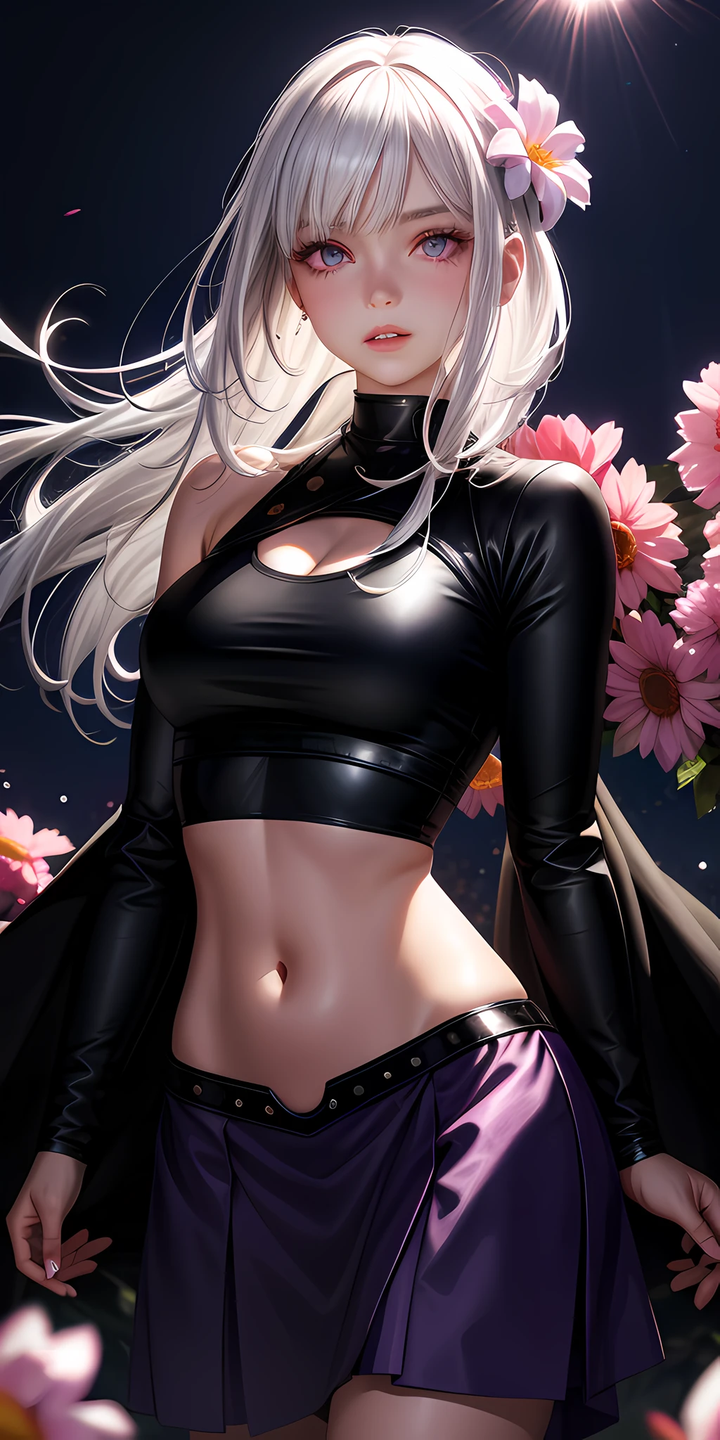 realistic, 1girl, white hair, purple eyes, glowing eyes, crop top, skirt, parted lips, blush, night, flowers, sun, sunlight,