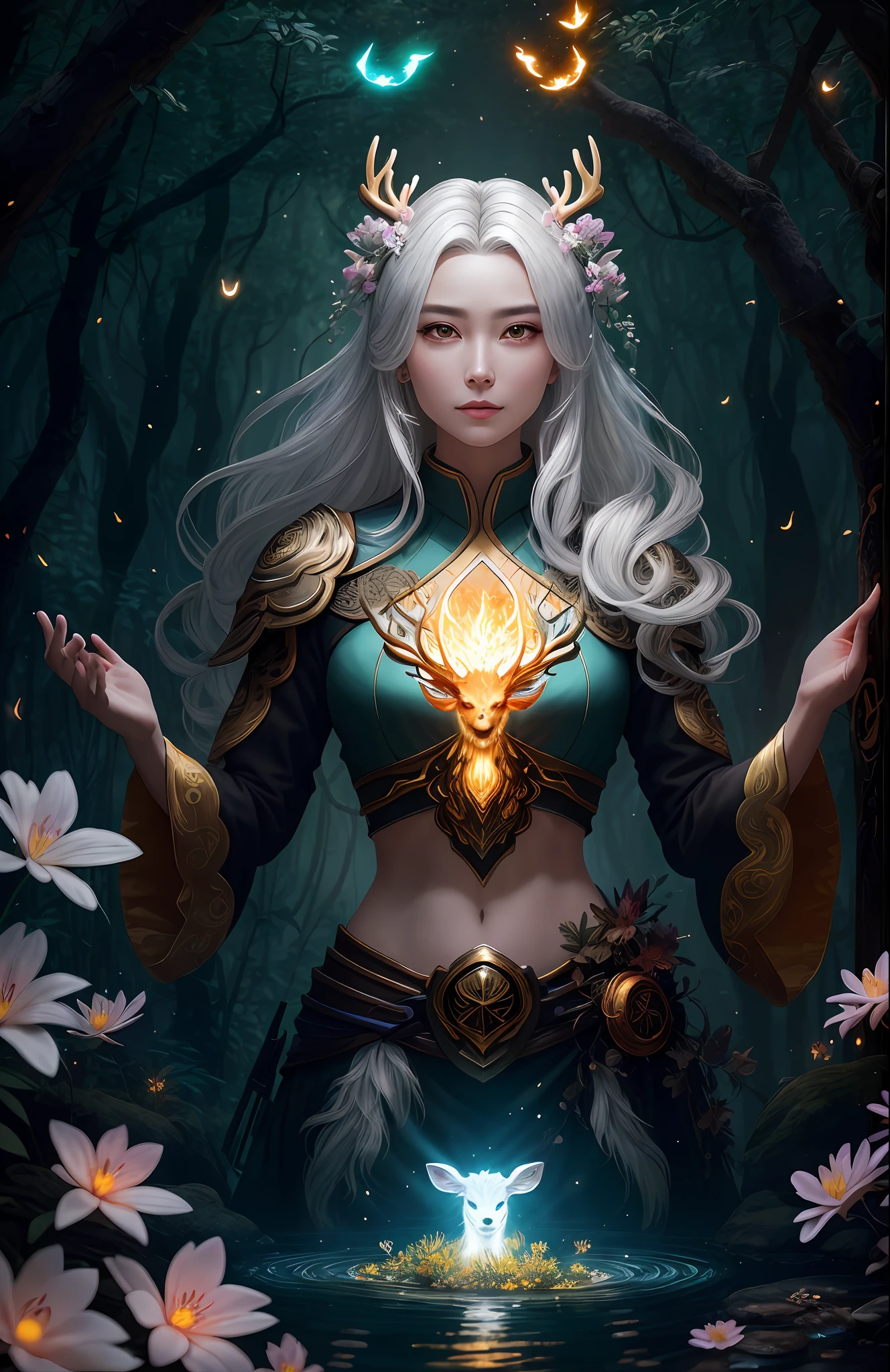 Masterpiece, best quality, (very detailed CG unified 8k wallpaper), (best quality), (best illustration), (best shadow), close-up of a woman with white hair and white mask, beautiful figure painting, Guvitz, Guvitz-style artwork, white-haired god, Yang J, epic exquisite character art, amazing character art, Fan Qi, Wu Jun Shifan, Guviz in pixiv art station, glowing elf, with a glowing deer, drinking water in the pool, Natural elements in forest theme. Mysterious forest, beautiful forest, nature, surrounded by flowers, delicate leaves and branches surrounded by fireflies (natural elements), (jungle theme), (leaves), (branches), (fireflies), (particle effects) and other 3D, Octane rendering, ray tracing, super detailed