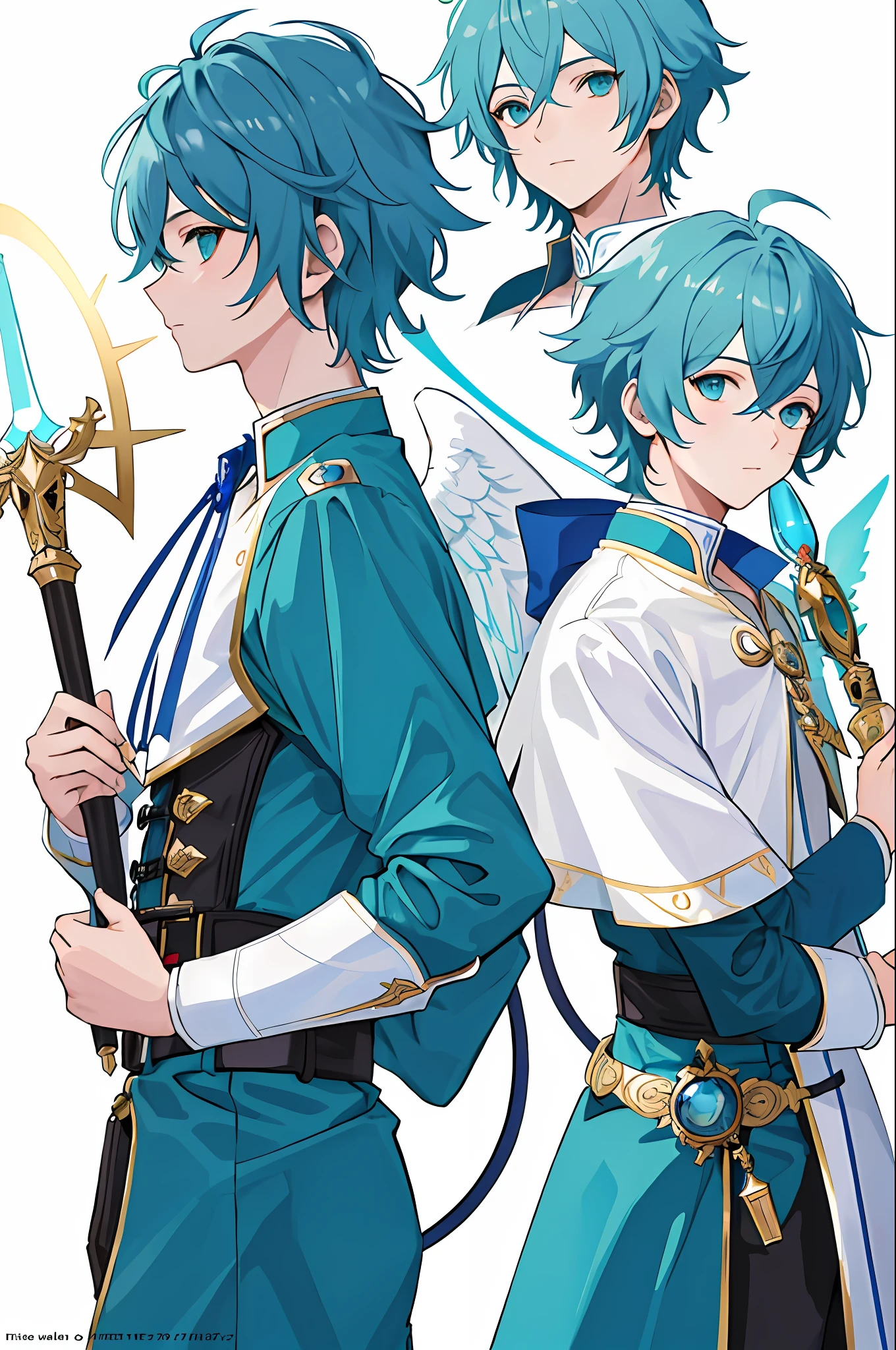 ((masterpiece)),(((best quality))),(character design sheet, same character, front, side, back), illustration, angel boy, male angel, curly short hair,hair on eyes, colorfull hair, aqua eyes, blue color palette, neon colors, fantasy, genshin impact, magic crosier, flat chest, leather corset, halo, catholic priest (simple background, white background: 1.3), --6
