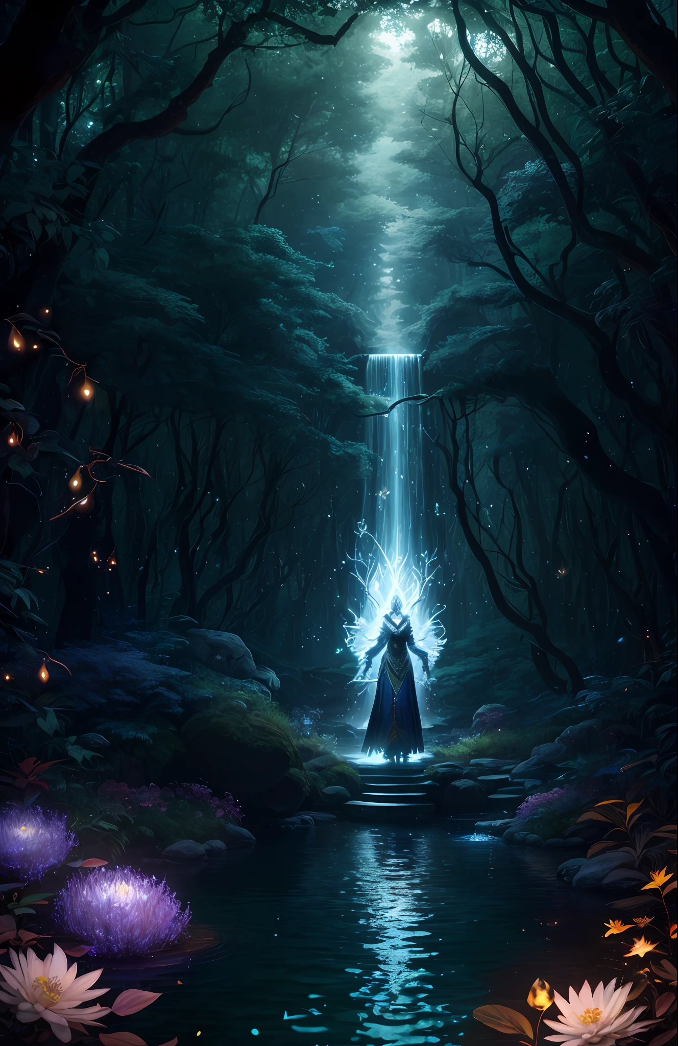 Masterpiece, best quality, (very detailed CG unified 8k wallpaper), (best quality), (best illustration), (best shadow), close-up of a woman with white hair and white mask, beautiful figure painting, Guvitz, Guvitz-style artwork, white-haired god, Yang J, epic exquisite character art, amazing character art, Fan Qi, Wu Jun Shifan, Guviz in pixiv art station, glowing elf, with a glowing deer, drinking water in the pool, Natural elements in forest theme. Mysterious forest, beautiful forest, nature, surrounded by flowers, delicate leaves and branches surrounded by fireflies (natural elements), (jungle theme), (leaves), (branches), (fireflies), (particle effects) and other 3D, Octane rendering, ray tracing, super detailed