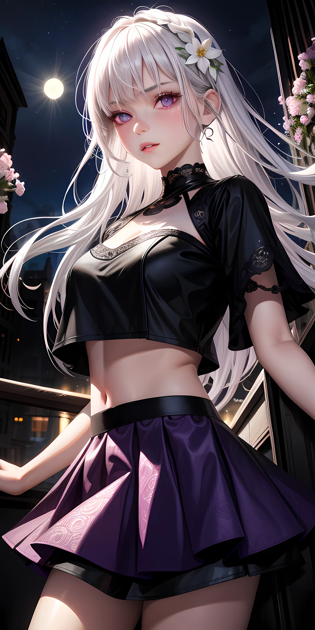 realistic, 1girl, white hair, purple eyes, glowing eyes, crop top, skirt, parted lips, blush, night, flowers, sun, sunlight,