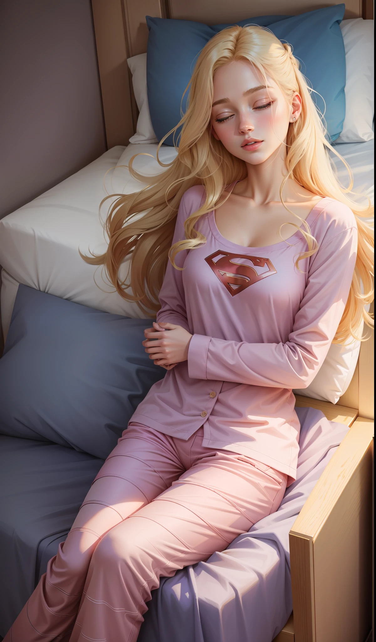 Supergirl asleep, 22 years old, realistic, is in long pants, is in pink pajamas, blonde hair.