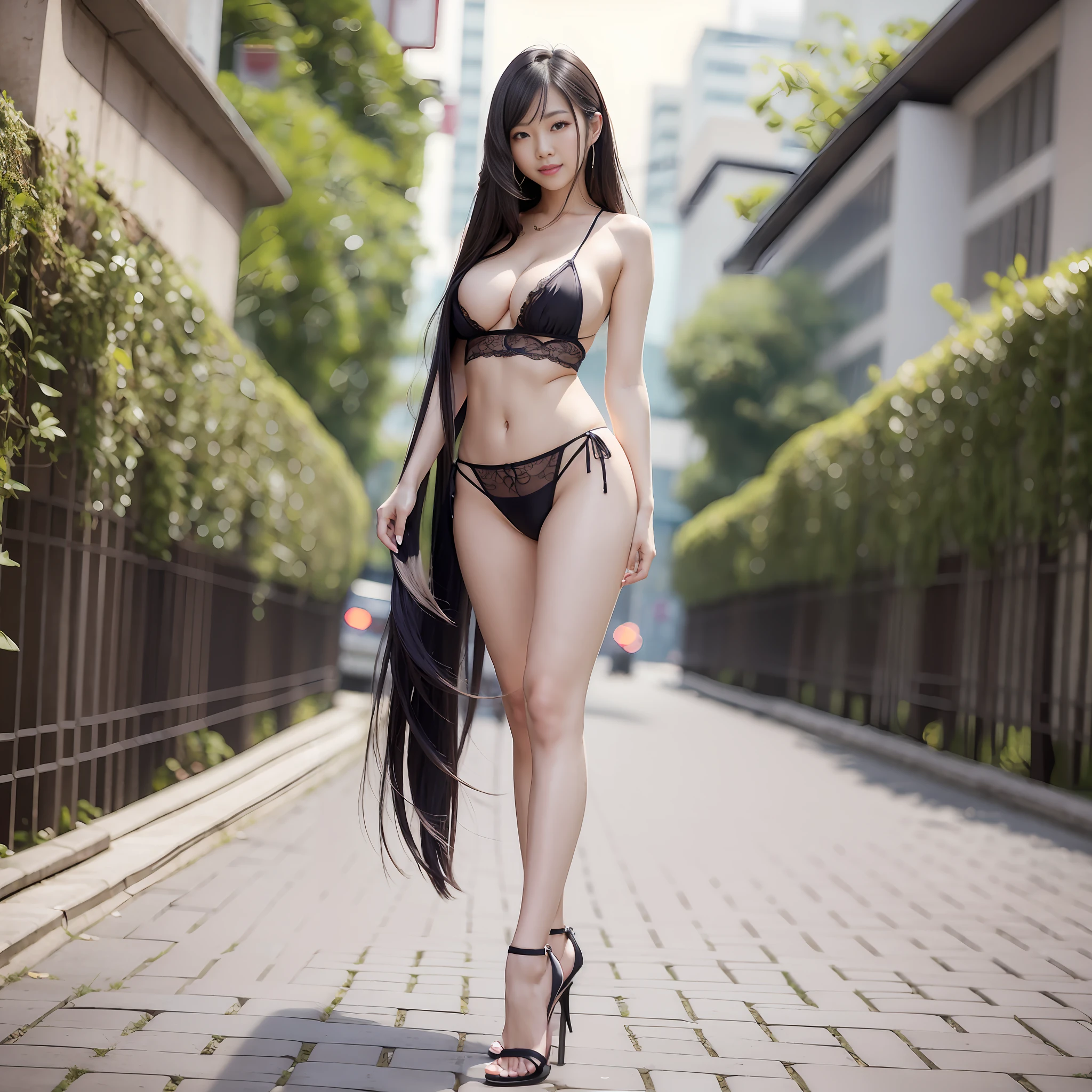 Sexy asian beauty, long hair, suit, open clothes, no lingerie, areola, up, sweet smile, big boobs, dew point、、、, protrusion, full body, standing, long legs, high heels, realistic style, outdoor ,,,,