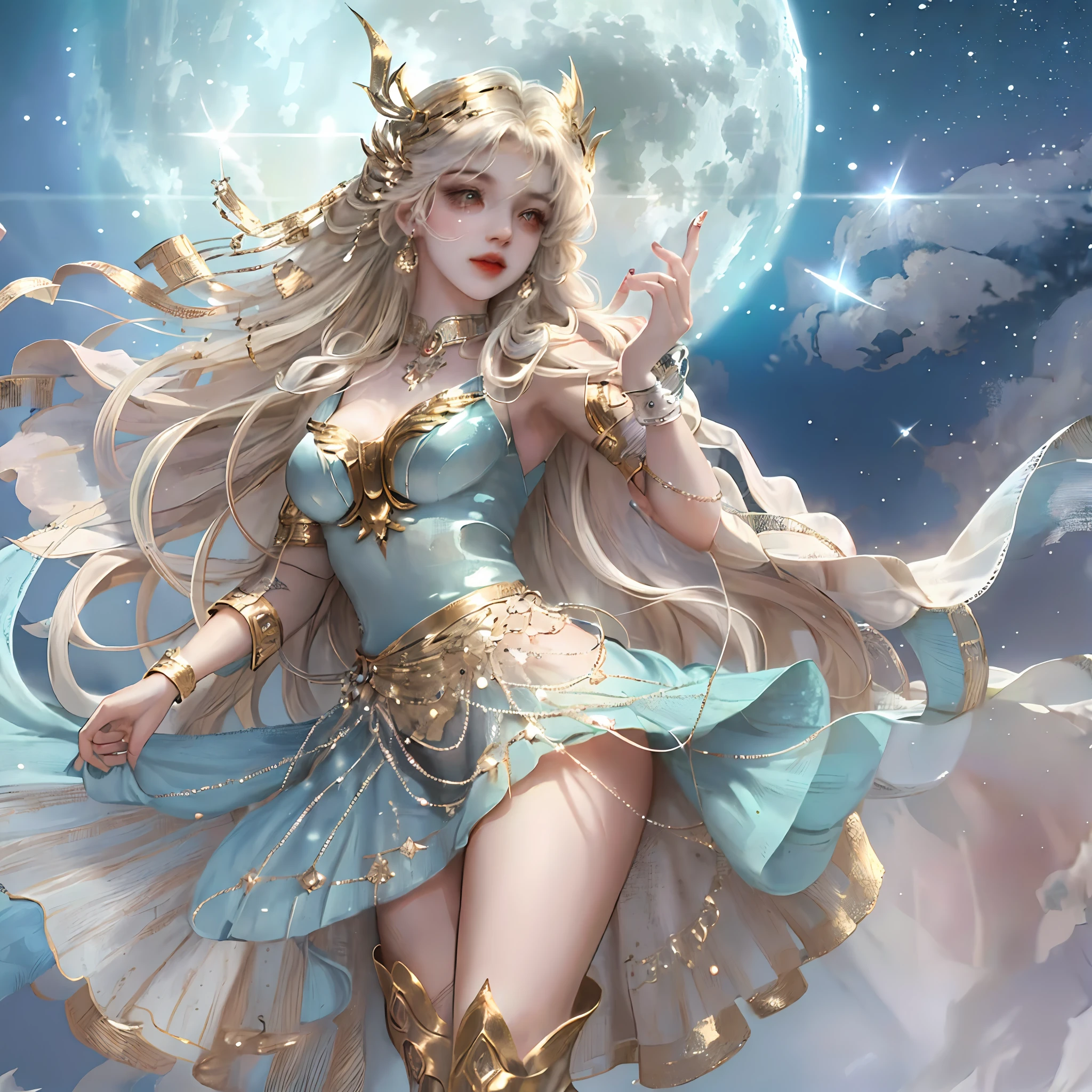 Best picture quality, amazing details, extremely detailed CG art, antique illustration as the theme, 1 Valkyrie in a light blue dress battle dress solo in the night, super sexy, through the clouds, the moon and stars dancing; Her hair and cloak fluttered in the wind, and her skirt and boots sparkled, full of mystery and romance. --auto --s2