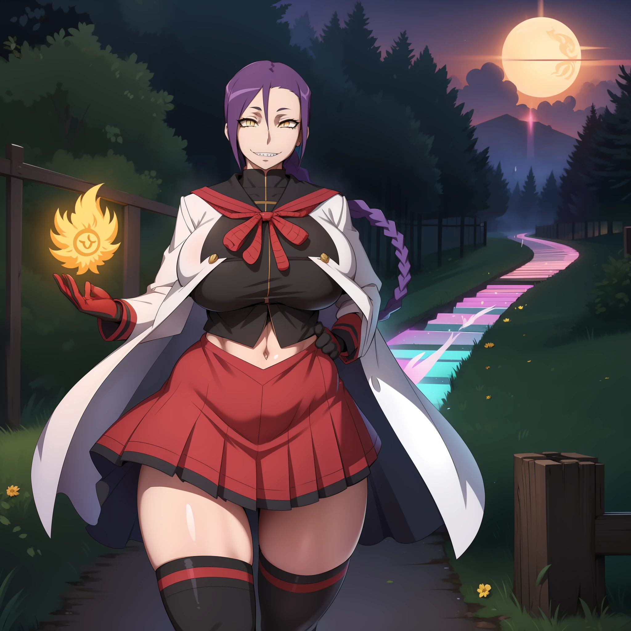 (masterpiece, best quality:1.2), cowboy shot, solo, 1girl, chikujoin magane, sharp teeth, evil grin, looking at viewer, hand on hip, single braid, school uniform, serafuku, pleated skirt, thighhighs, (gloves:1.1),huge breast, curvy, female,fantasy goddess,there is a cartoon picture of a woman with a very large breast, glowing angelic being, glowing holy aura, inspired by Luma Rouge, the non-binary deity of spring, ethereal rainbow nimbus, the butterfly goddess of fire, inspired by Marie Angel, glowing aura around her, astral fairy, as the goddess of the sun, “uwu the prismatic person, big breast, happy, beautiful eyes, , full body, walking, long robe, long dre, , nun, priestess ,holy, venus body, curvy, huge breast, forest, long skirt, coat, very long skirt,coat