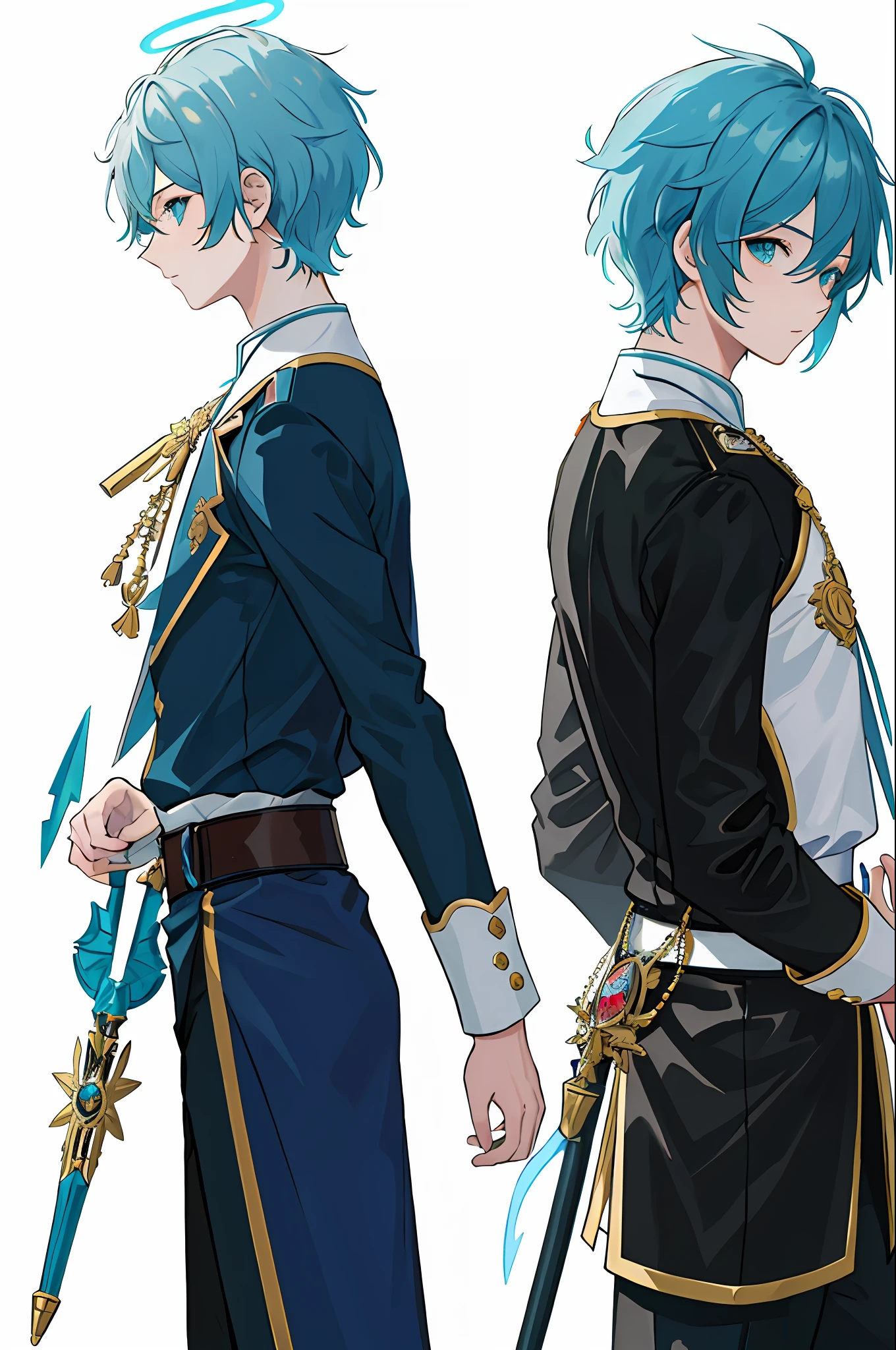 ((masterpiece)),(((best quality))),(character design sheet, same character, front, side, back), illustration, angel boy, male angel, curly short hair,hair on eyes, colorfull hair, aqua eyes, blue color palette, neon colors, fantasy, genshin impact, magic crosier, flat chest, leather corset, halo, catholic priest (simple background, white background: 1.3), --6