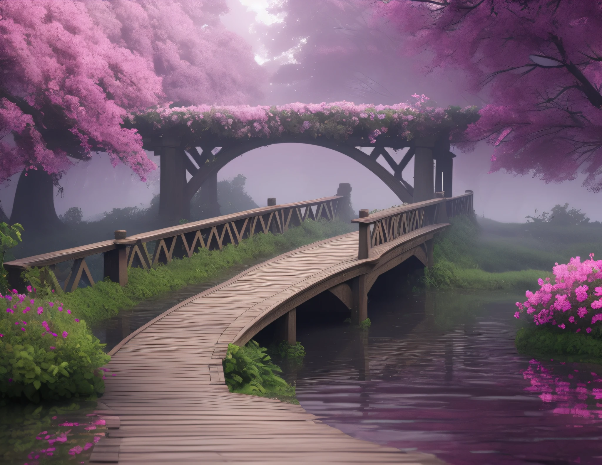 A country full of dream mist, a bridge and an old garden, the forest with pink ipes on the side, the wooden bridge wet after the rain, it looks extra relaxing, deep field, masterpiece, best quality, 3d, realistic, high quality textures undo infinite blur cinematic 60,30,10