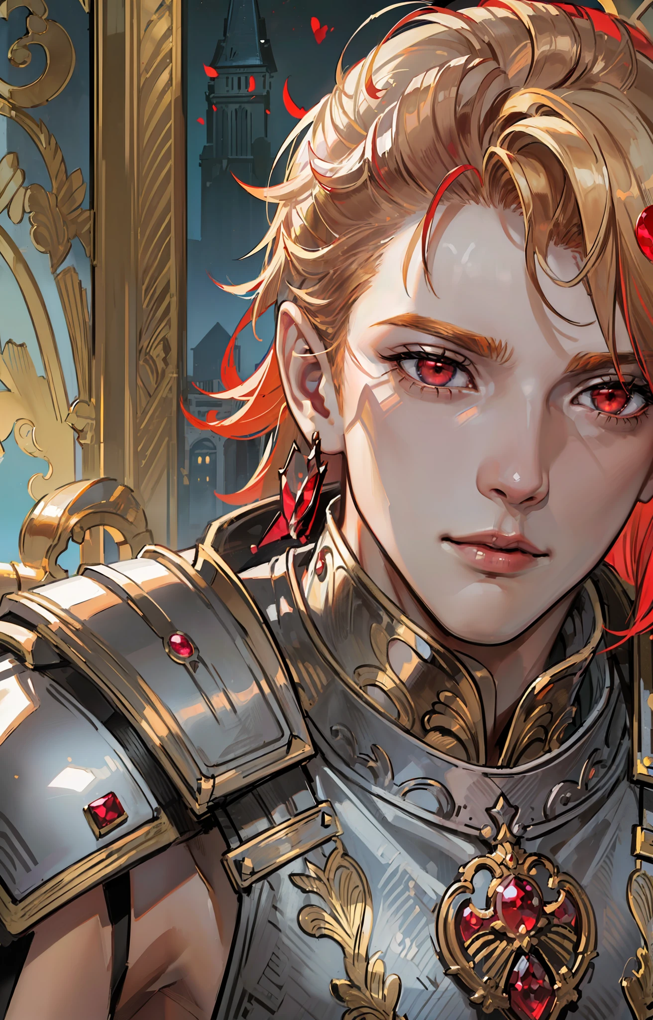 kk, best quality, more details, masterpiece, 1 boy, portrait, male focus, (((man, armor))) red eyes like rubies, solo, straight bangs, look at the viewer, noble clothes (((KNIGHT ARMOR))), short straight hair, (((fantasy city, palace))), highlights, (holding a silver sword), (((look would be, serious and beautiful red eyes,))) (((RED EYES))) (((RUBY EYES))) (((blond hair, golden, straight cut over shoulders, LAZIO))), luxurious, 8k, detailed, ray tracing, depth of field, cinematic lighting,