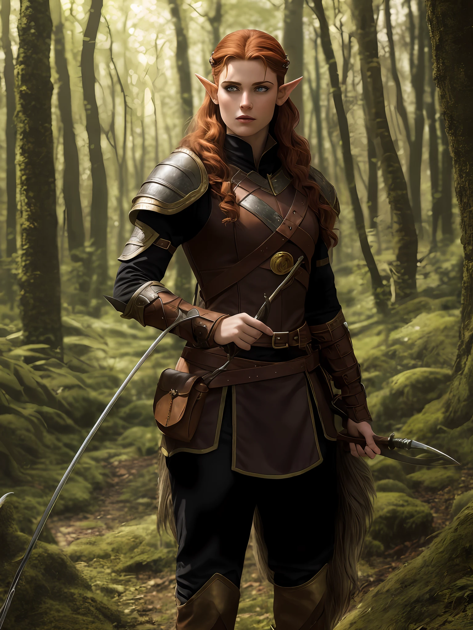 8K, masterpiece, fantasy character, d&d, half-elf, slightly pointy ears, light brown hair, medium hair, pale skin, caucasian features, red eyes, red eyecolor, light armor, black leather armor, attack pose, hunting, full covered outifit, wearing pants, medieval boots, torso, standard woman muscular body, archer, high detail, holding a long bow, leather quiver in back, in a forest