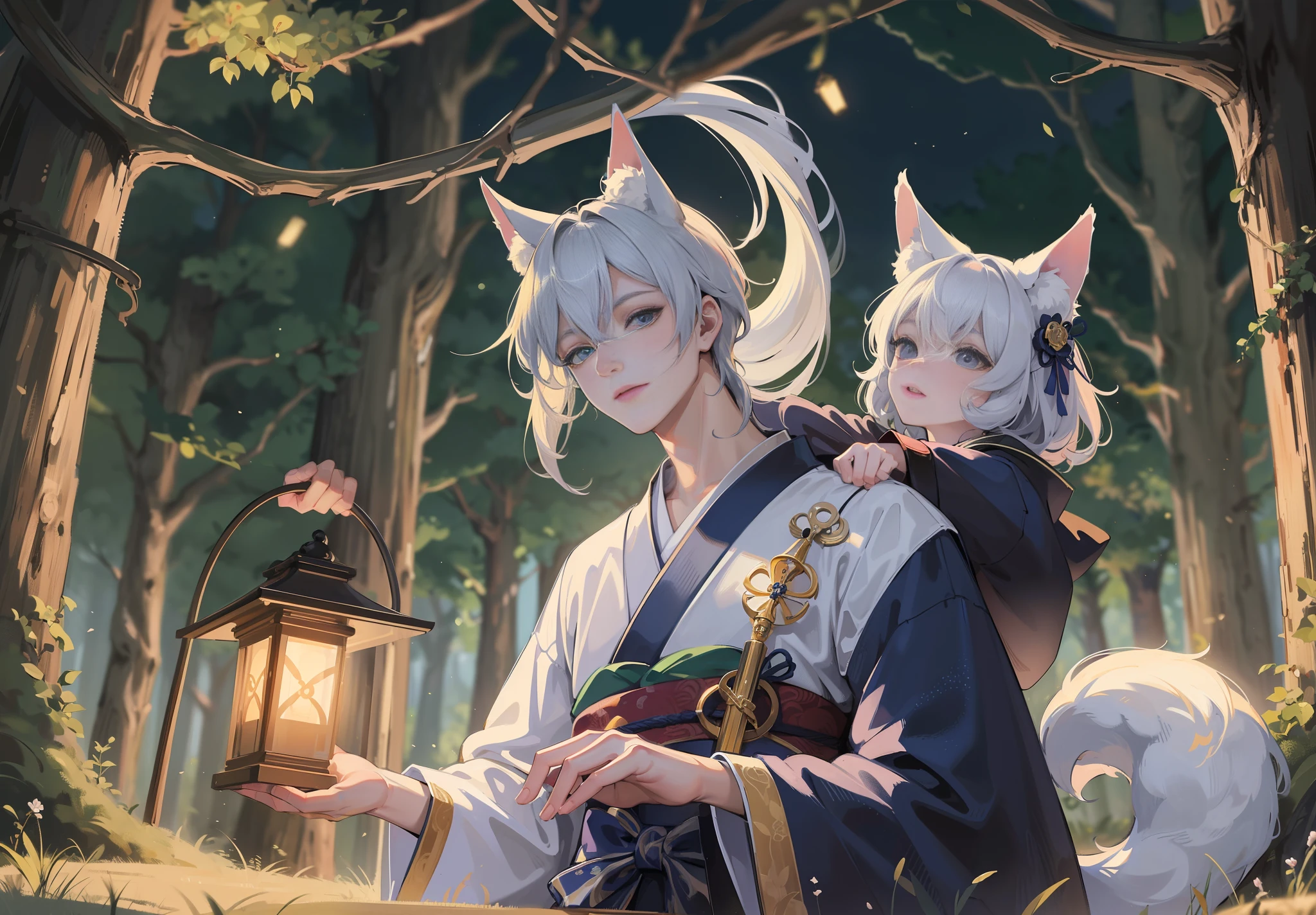 (Masterpiece, Top Quality, Best Quality, Official Art, Beautiful and Aesthetic, 1 Youth: 1.5), a very beautiful 1 young man in a kimono is looking up at the moon. A man with silver hair, blue eyes and a dark kimono, holding a lantern in his hands, has fox ears and multiple fluffy tails on his back. Masterpiece background, midnight, moonlight, in the forest, firefly light, wide angle, detailed drawing. 8K wallpapers. High resolution.