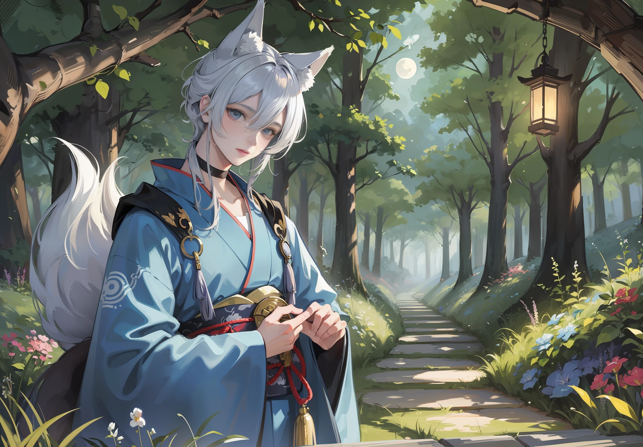 (Masterpiece, Top Quality, Best Quality, Official Art, Beautiful and Aesthetic, 1 Youth: 1.5), a very beautiful 1 young man in a kimono is looking up at the moon. A man with silver hair, blue eyes and a dark kimono, holding a lantern in his hands, has fox ears and multiple fluffy tails on his back. Masterpiece background, midnight, moonlight, in the forest, firefly light, wide angle, detailed drawing. 8K wallpapers. High resolution.