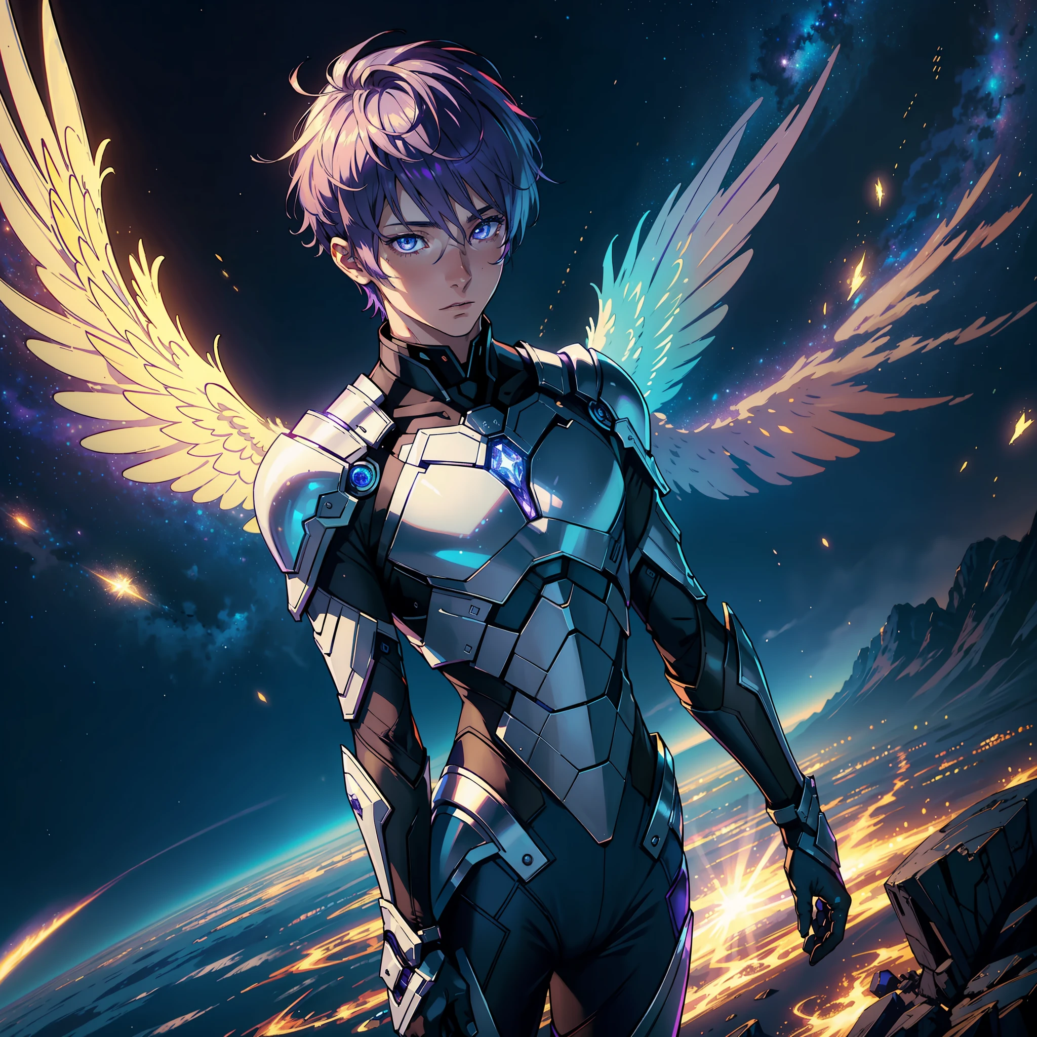 ((realistic: 1.5)),((best quality)), ((masterpiece)),((detailed)), man, young, short colored hair, purple aura around, celestial armor, 4 angel wings, flying from the skies, luminous colored eyes, volumetric illumination