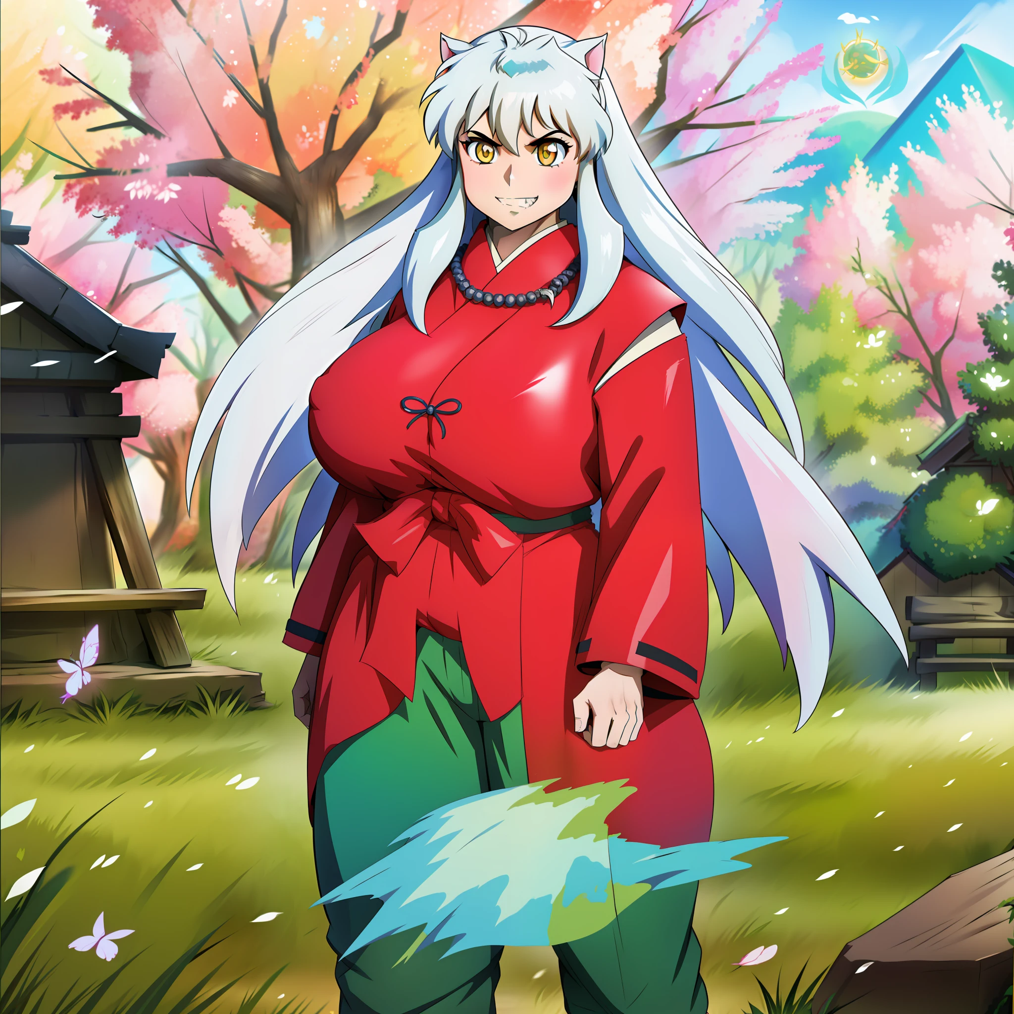 a woman), inuyasha, ((upper body, head turned to the side)), japanese forest with a shrine in the background,daytime, standing,huge breast, curvy, female,fantasyhere is a cartoon picture of a woman with a very large breast, , vest, pants, black hair , holy aura, inspired by Luma Rouge, the non-binary deity of spring, ethereal rainbow nimbus, the butterfly goddess of fire, inspired by Marie Angel, glowing aura around her, as the goddess of the sun, “uwu the prismatic person, big breast, happy, beautiful eyes, , full body, walking, long robe, long dre, nun, priestess ,holy, venus body, curvy, huge breast, forest,walking,smile,sharpteeth, black cloaths,coat,1girl,long skirt