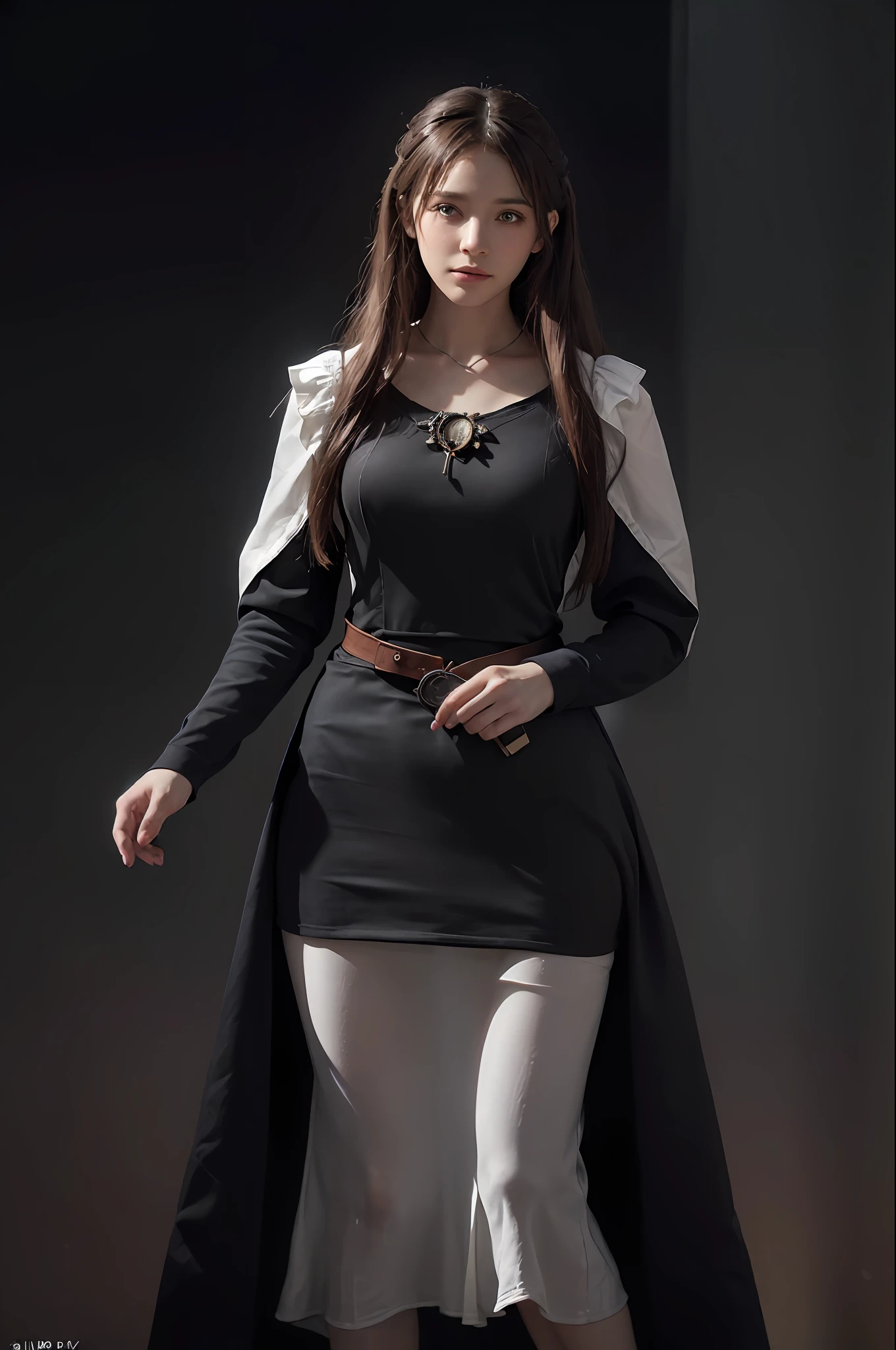 (front focus), (in the dark:1.6), Hyperrealist portrait of female by david hockney and alphonse mucha, fantasy art, photo realistic, dynamic lighting, artstation, poster, volumetric lighting, very detailed faces, 4 k, award winning, 1girl, in the dark, deep shadow, low key, cowboy shot, (official clothing:1.4), long hair, white hair