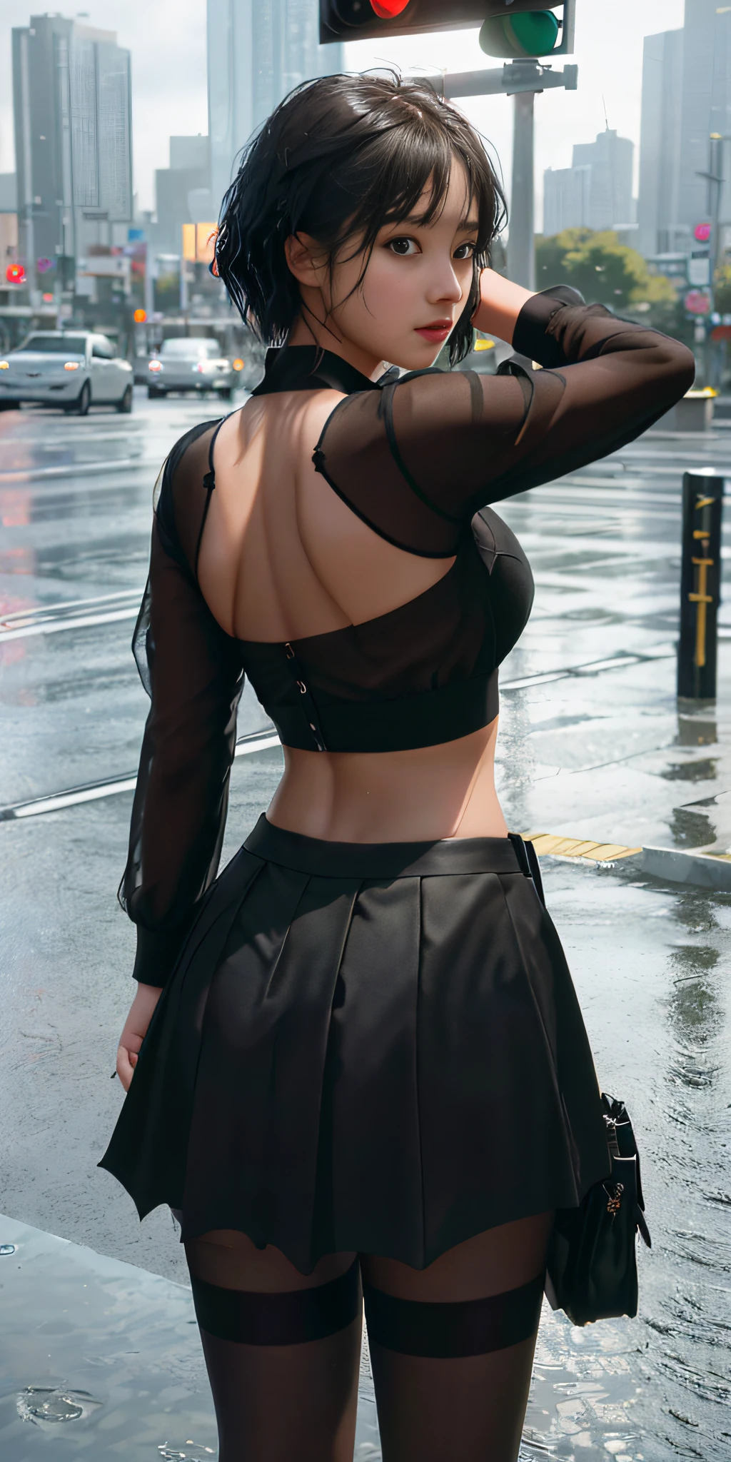 (8k, RAW photos, top quality, masterpieces: 1.4), ultra high resolution, (realistic, photorealistic: 1.48), Omertosa, 1 girl, (Kpop Idol), (Agyosar: 1), cute, (Super Bokehknight City Center: 1.25), bokeh, night, traffic lights, road signs, rain, after rain, wet, professional lighting, detailed lighting, photon mapping, Radiosity, Physically Based Rendering, Black Pantyhose Bloom, Backlight, Depth of Field, Natural Light, Hard Focus, Film Grain, 1m Focusing Distance, Professional Photography, Shooting with Sony a9 II Mirrorless Camera, Detailed Eyes, Realistic Eyes, Detailed Shadows, Seeing Viewer, Dog Ears, Detailed Lighting, Skirt, Black Skirt, Thighs, Black Thighs, (Detailed HairRealistic Hair, Realistic Lighting, Realistic Shadows, Realistic Costumes), Realistic Skin, (Gun on the Hips: 1), Realistic Reflection of Light from Above (Back Arms)),(Hands Behind Us),Tube Top,Sexy Short Hair