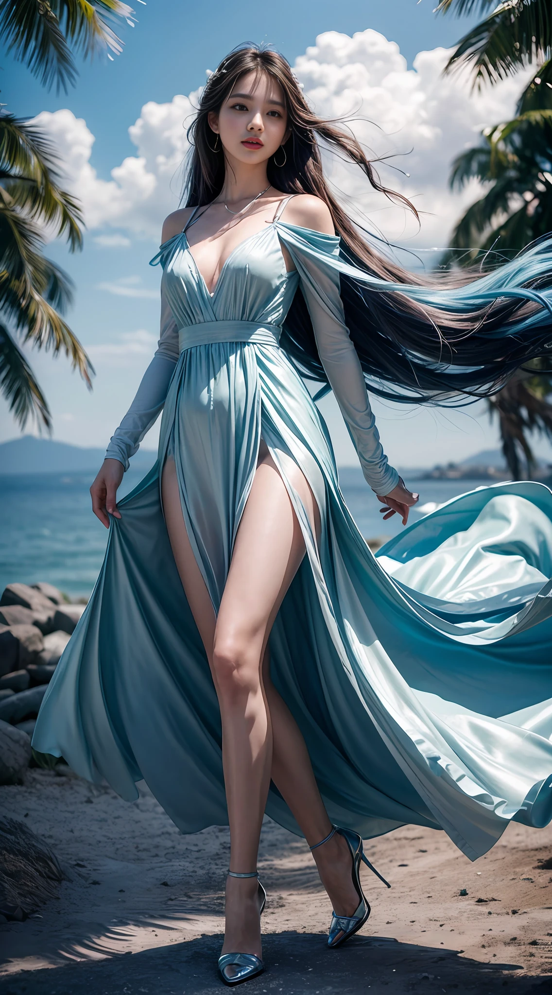 (8k, RAW photo, photorealistic:1.25) ,( lip gloss, eyelashes, glossy side, shiny skin, best quality, super high resolution, depth of field, chromatic aberration, caustics, wide light, natural shadow, Kpop idol) , light pink and light blue style, 1girl, (sky witch: 1.5), tall and thin beauty goddess, flowing dress, cloud goddess, flowing realistic fabric, sky doll Noah, amazing young ethereal figure, Wearing a flowing dress, long flowing fabric, realistic, with blue sky in the background, (wind: 1.5), (full body: 1.5), yangmi