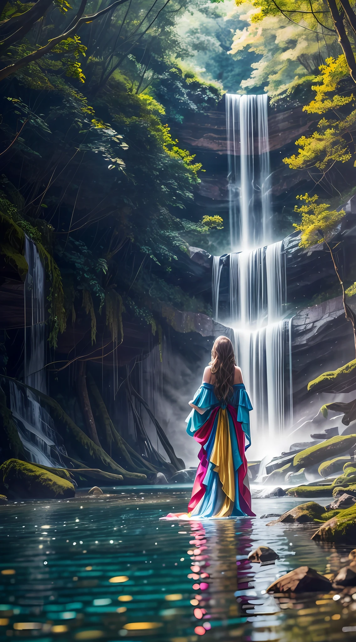 1girl, realistic beautiful young woman, wearing colorful dress, waterfall, walking under the waterfall, with her back to the audience, ethereal beauty, full body, character ratio is only 1/8, lake surface, ((large grove)), Tyndall ray, realism, cinematic lighting, ray tracing, optical illusion, lens flare, 120mm, f/1.2, sony fe gm, ultra hd, retina, masterpiece, ((best quality)), ((masterpiece)), (very detailed: 1.3)