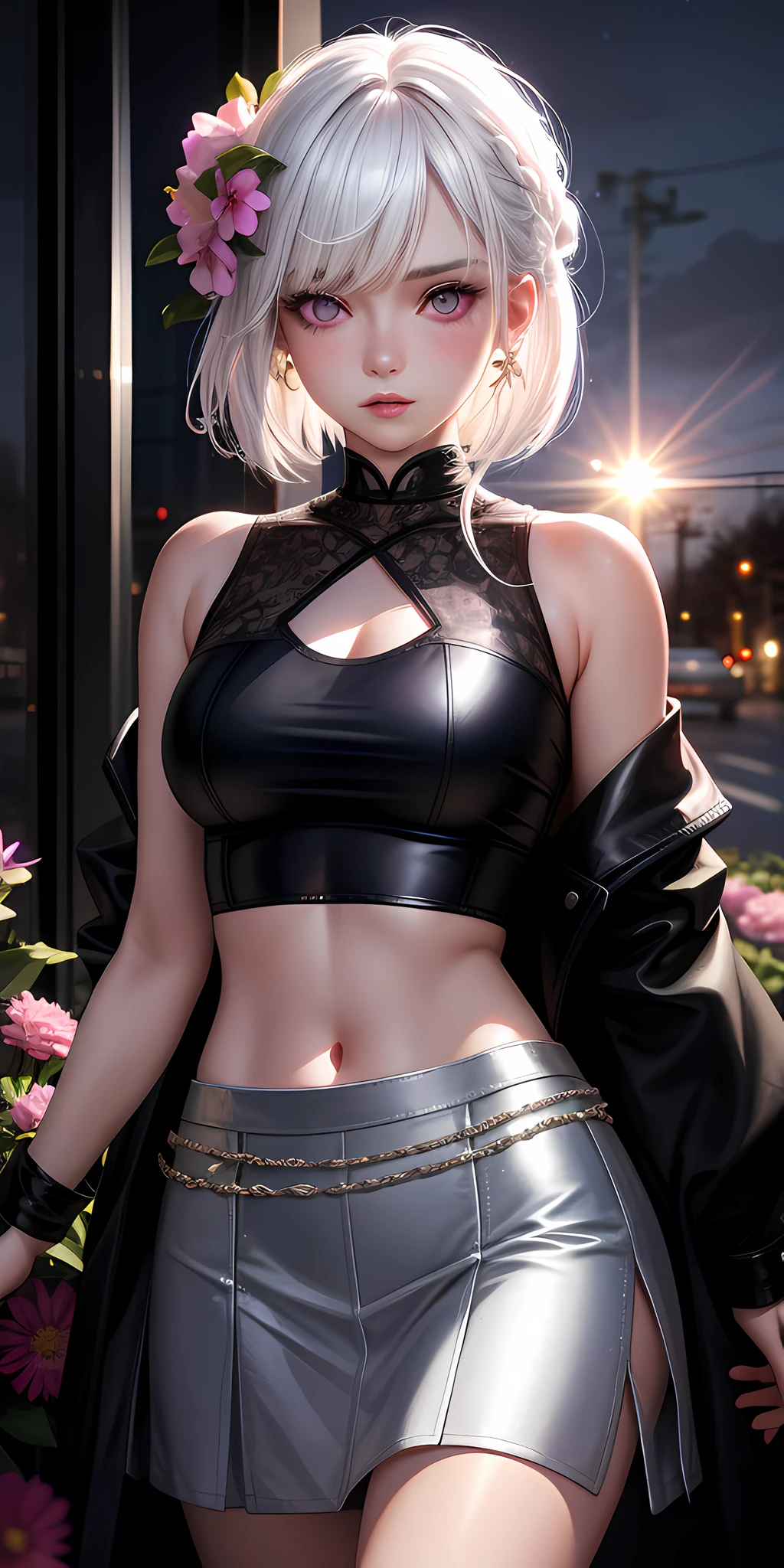 realistic, 1girl, white hair, purple eyes, glowing eyes, crop top, skirt, parted lips, blush, night, flowers, sun, sunlight,