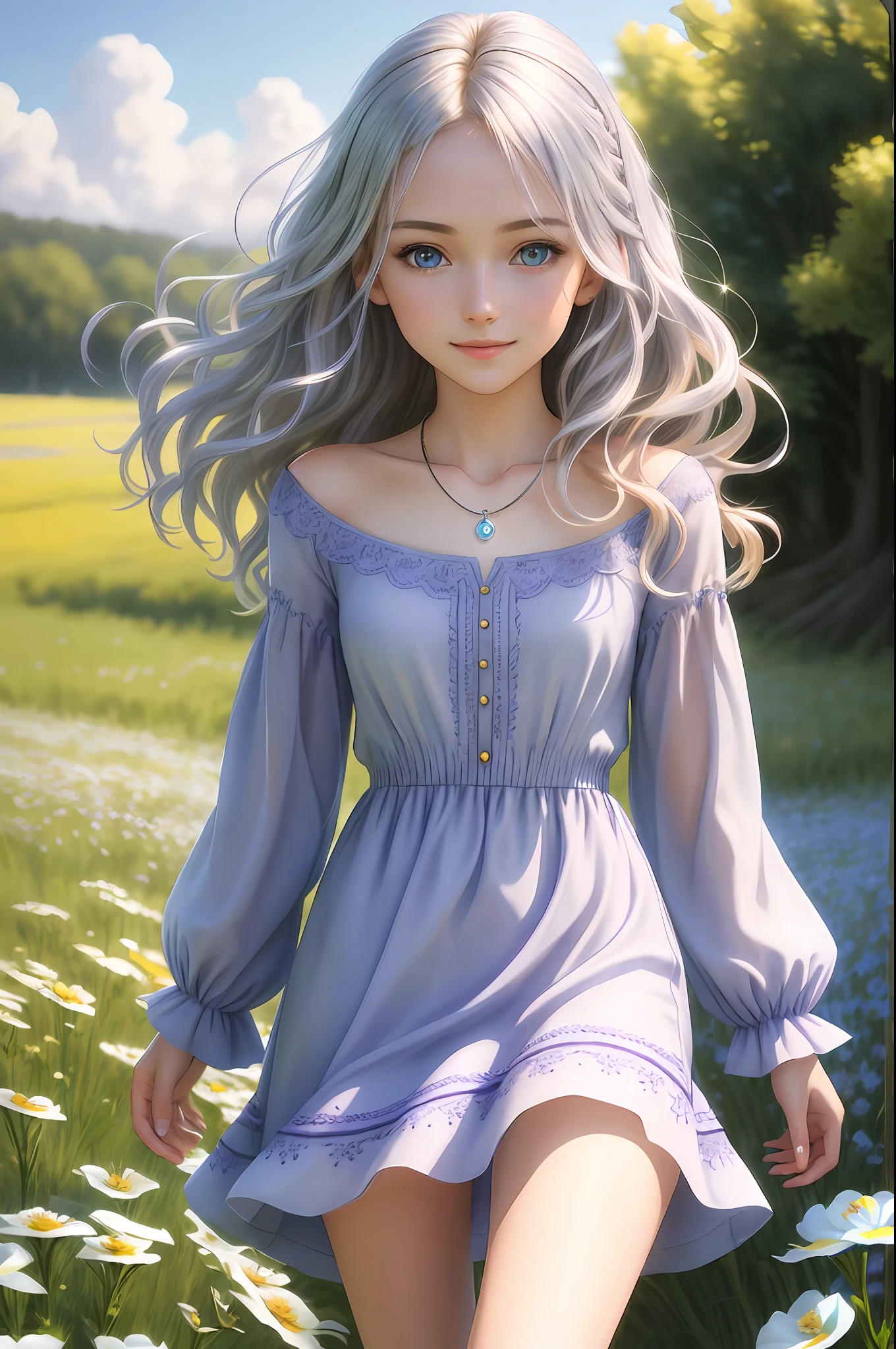masterpiece, best quality, realistic, real, temptation light smile,best quality, beautiful european (young 1girl), (detailed cute face+eyes), aqua iris, detailed wavy blonde medium hair, real hair movement, simple pure purple dress, simple silver necklace, walking on blooming meadow, sunny day, cinematic lighting, photorealistic, sharp focus, wide angle, pov face