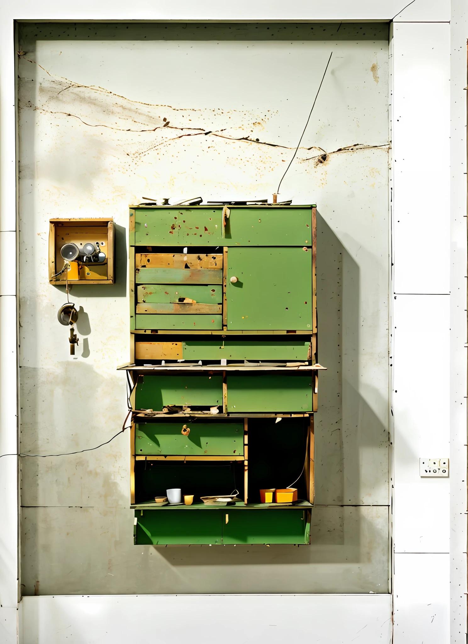There is a brown wooden box with a key on it, a rusty photograph by the wall, Joseph Beuys, Felix Kelly, 1 9 9 6, 1996, Ilya, 1 9 9 8, 1998, photo 1998, untitled, 1 9 9 9, 1999, (photo)), warm tones, a string of keys next to the box, clean and tidy walls