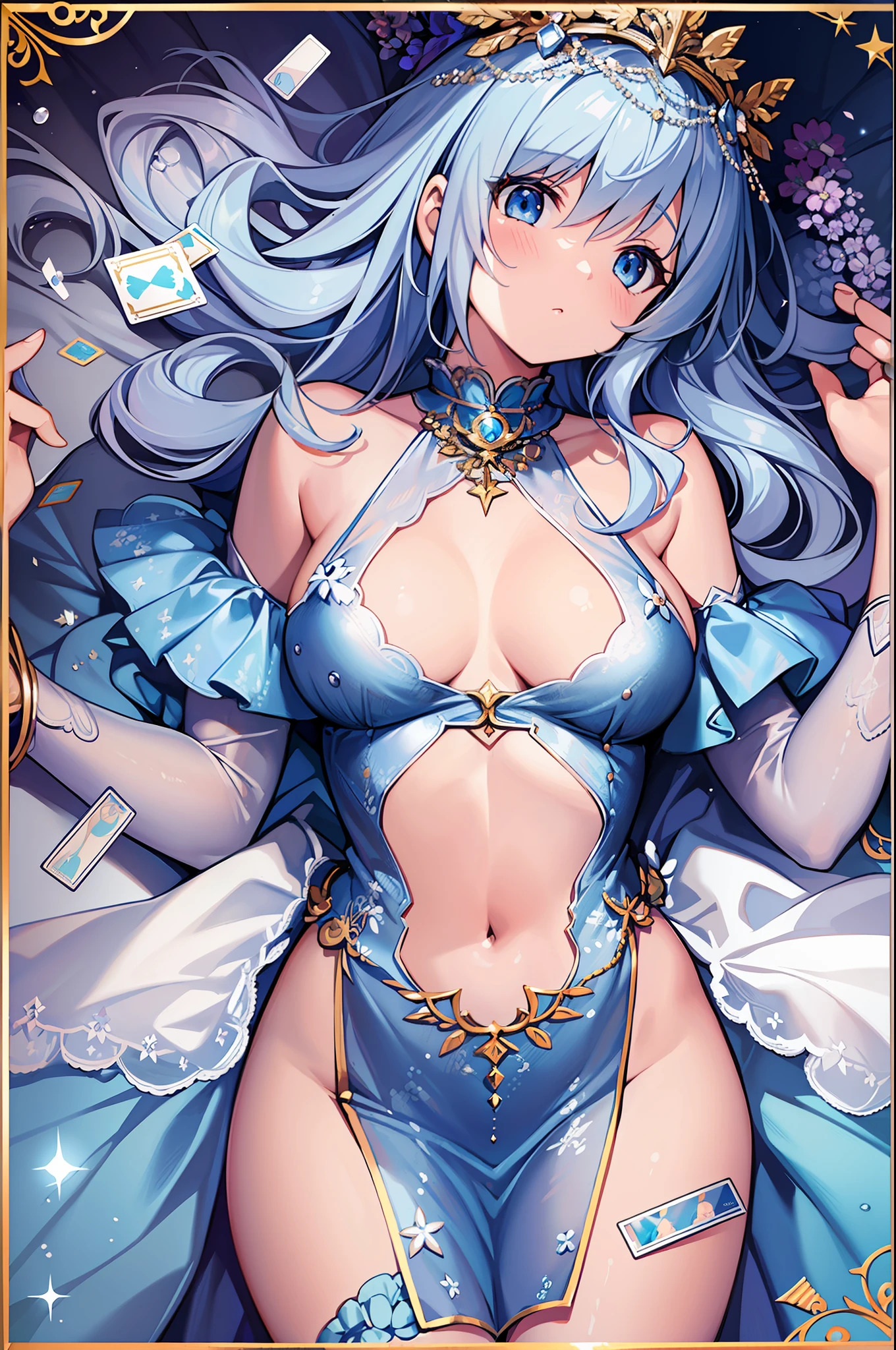 (MASTERPIECE), (Best Quality), (Ultra Detail), Official Art, One Girl, Lori with Pale Light Blue Hair, Petite Girl, Lori, Blue and Silver See-Through Dress, Sleeveless, Off Shoulder, Small, Very Small Breasts, Small, Underboob, Cleavage, Thigh Focus, Navel Out, Card Illustration, Sacred Well