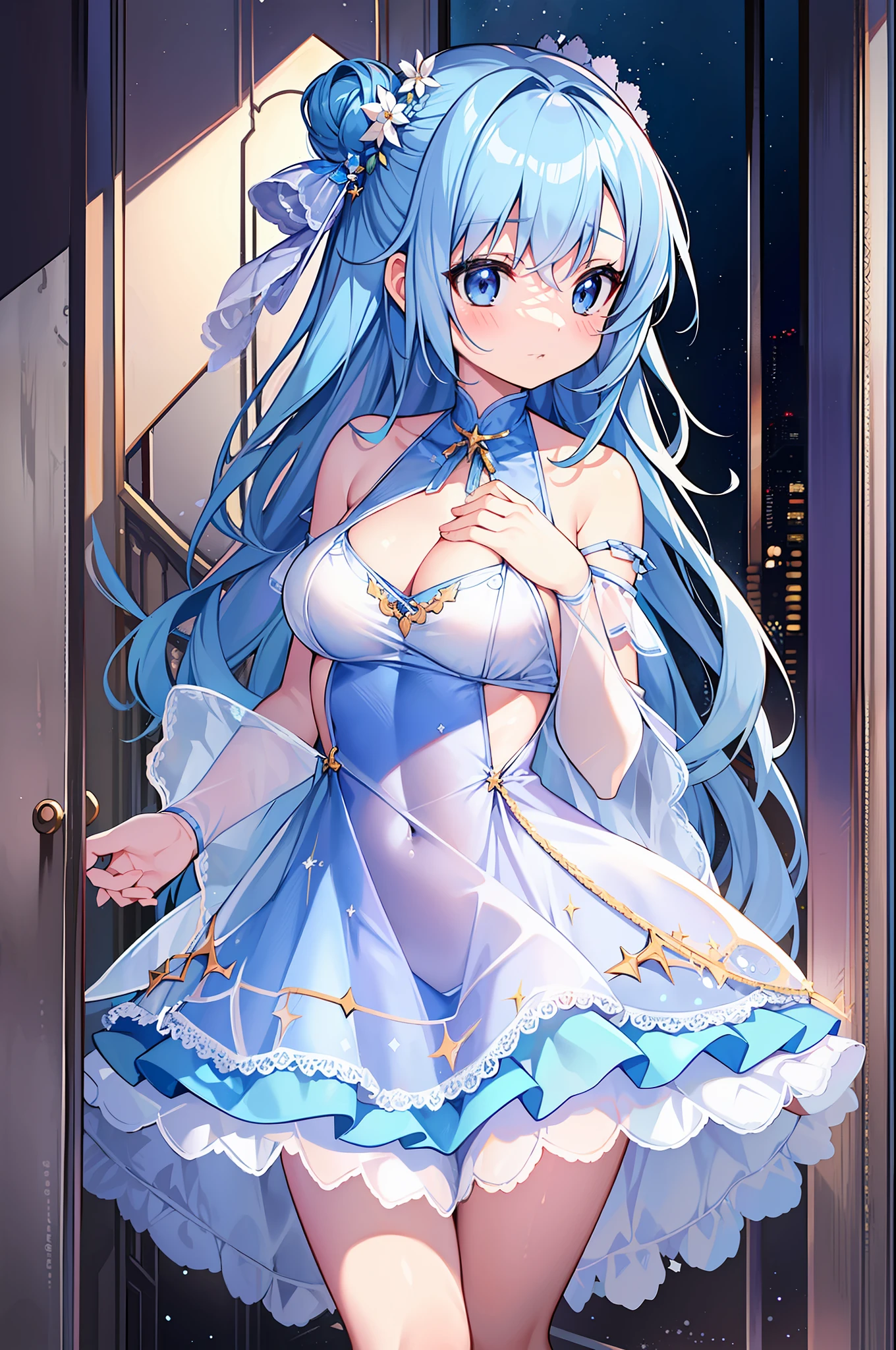 (MASTERPIECE), (Best Quality), (Ultra Detail), Official Art, One Girl, Lori with Pale Light Blue Hair, Petite , Lori, Blue and Silver See-Through Dress, Sleeveless, Off Shoulder, Small, Very Small Breasts, Small, Underboob, Cleavage, Thigh Focus, Navel Out, Card Illustration, Sacred Well