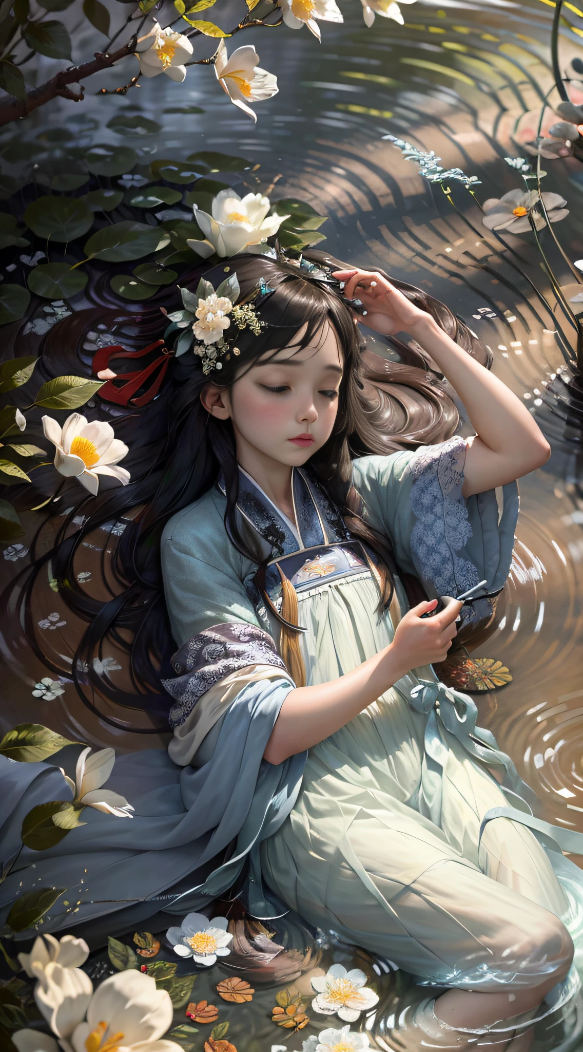 (Positive Focus), (In the Dark: 1 Girl), Surrealist Female Portraits by David Hockney and Alphonse Mucha, Fantasy Art, Photo Realism, Dynamic Lighting, Art Station, Poster, Volumetric Lighting, Very Detailed Faces, 4K Wallpaper, Award-Winning , 1 Girl, Blue Hanfu, Tulle Coat, Long Black Hair, Light Blue Fringed Hair Ornament, Hairpins, White Ribbon, White Flower Bush, Large White Flowers, Light Blue Small Flowers, Light Blue Butterflies Flying, Ancient Chinese Garden, Sleeping by a Pond, Hands Reaching into the Water, red carp, hazy mist, bamboo in background, small bamboo, dramatic composition, movie lighting effects,