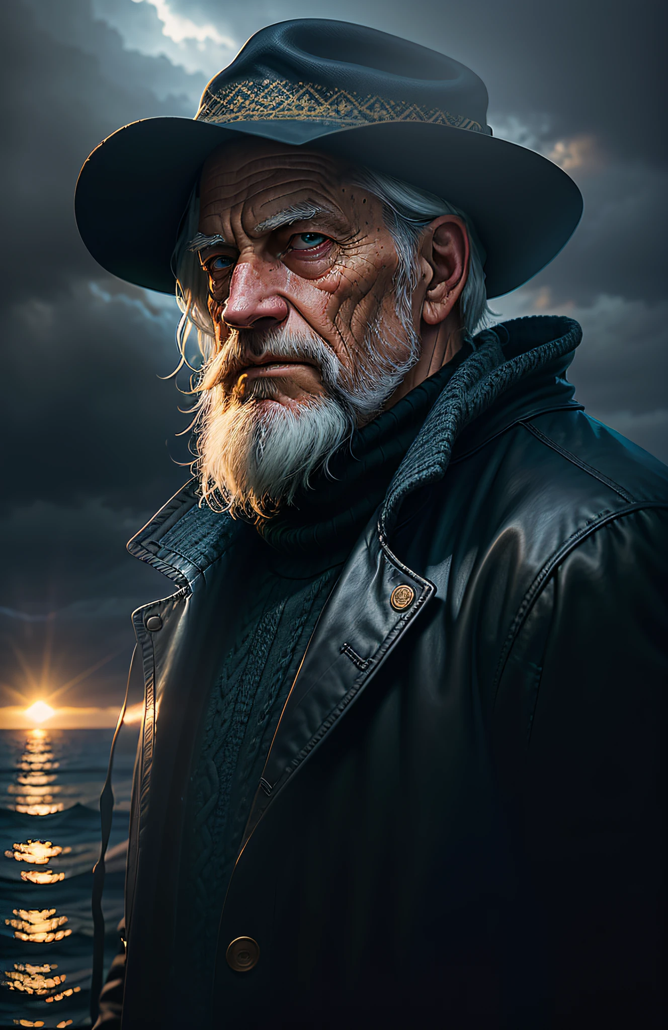 Dark, deep shadows, award-winning rugged portrait (Old Fisherman: 1.3), (Face focus: 1.5), (Storm: 1.2), (Waves: 1.3), sea, upper body, daytime, (Lighthouse background: 1.5), (Cowboy shot: 1.4), (White turtleneck knit sweater: 1.3), Viewer's gaze, Realistic, Masterpiece, Top Quality, Backlit, (Lens flare:1.1), (Bloom:1.1(chromatic aberration: 1.1), by Jeremy Lipking, Antonio J. Manzanedo and Lee Jeffries nikon d850 film stock photo 4 kodak Portra 400 camera f1.6 lens rich colors hyperreal realistic textures dramatic lighting unreal engine trendy at artstation cinestill 800